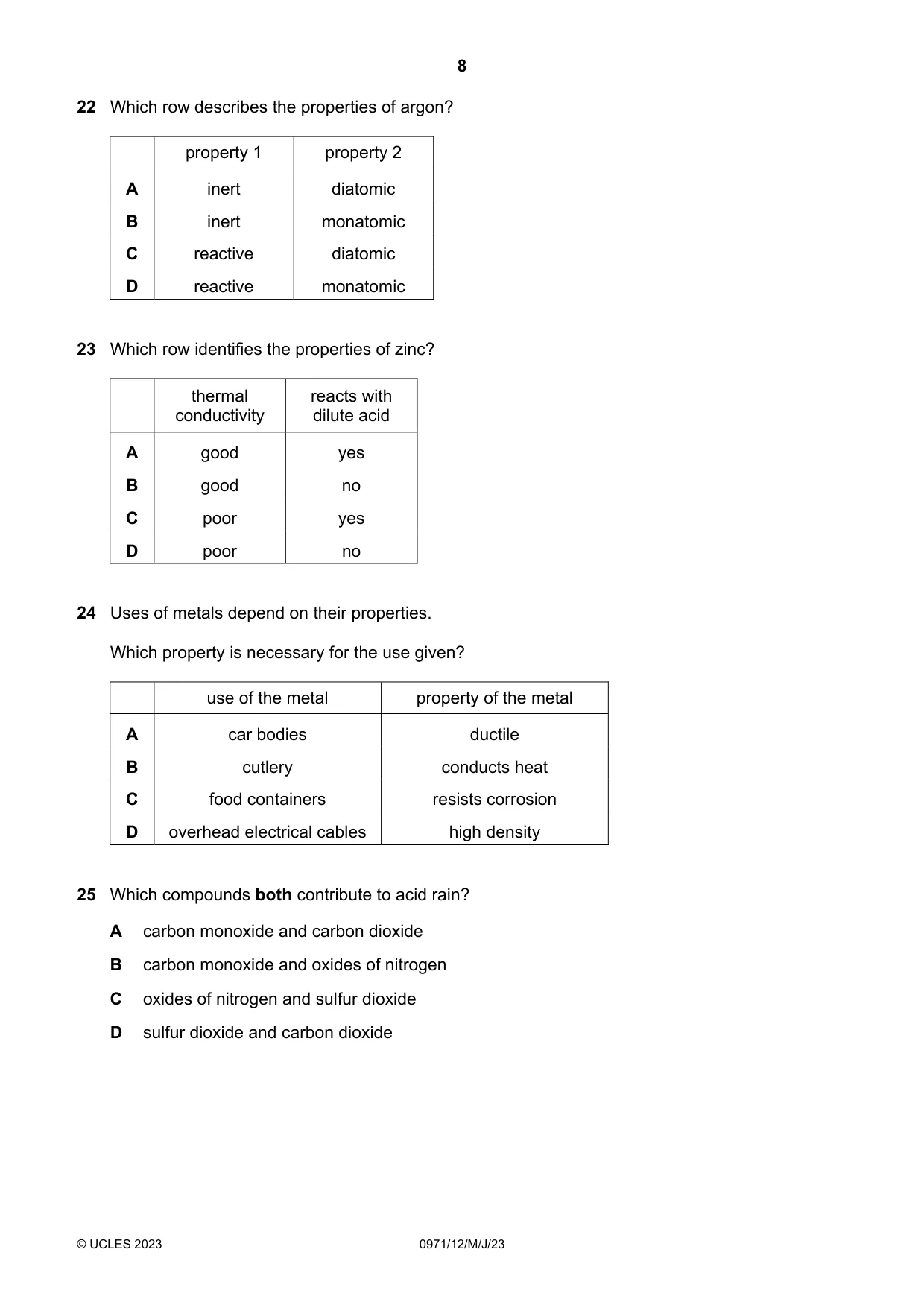 Cambridge IGCSE Chemistry (9-1) 0971 2023 May/June Paper 1 · Variant 2 question paper, page 8 of 16