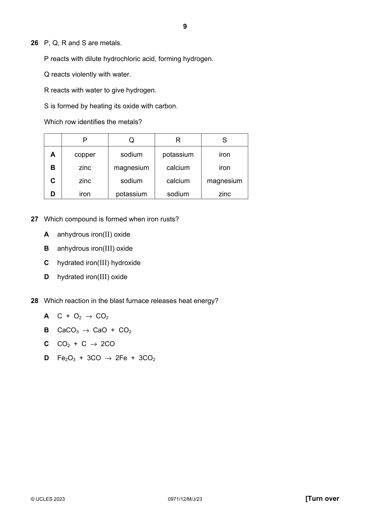 Cambridge IGCSE Chemistry (9-1) 0971 2023 May/June Paper 1 · Variant 2 question paper, page 9 of 16