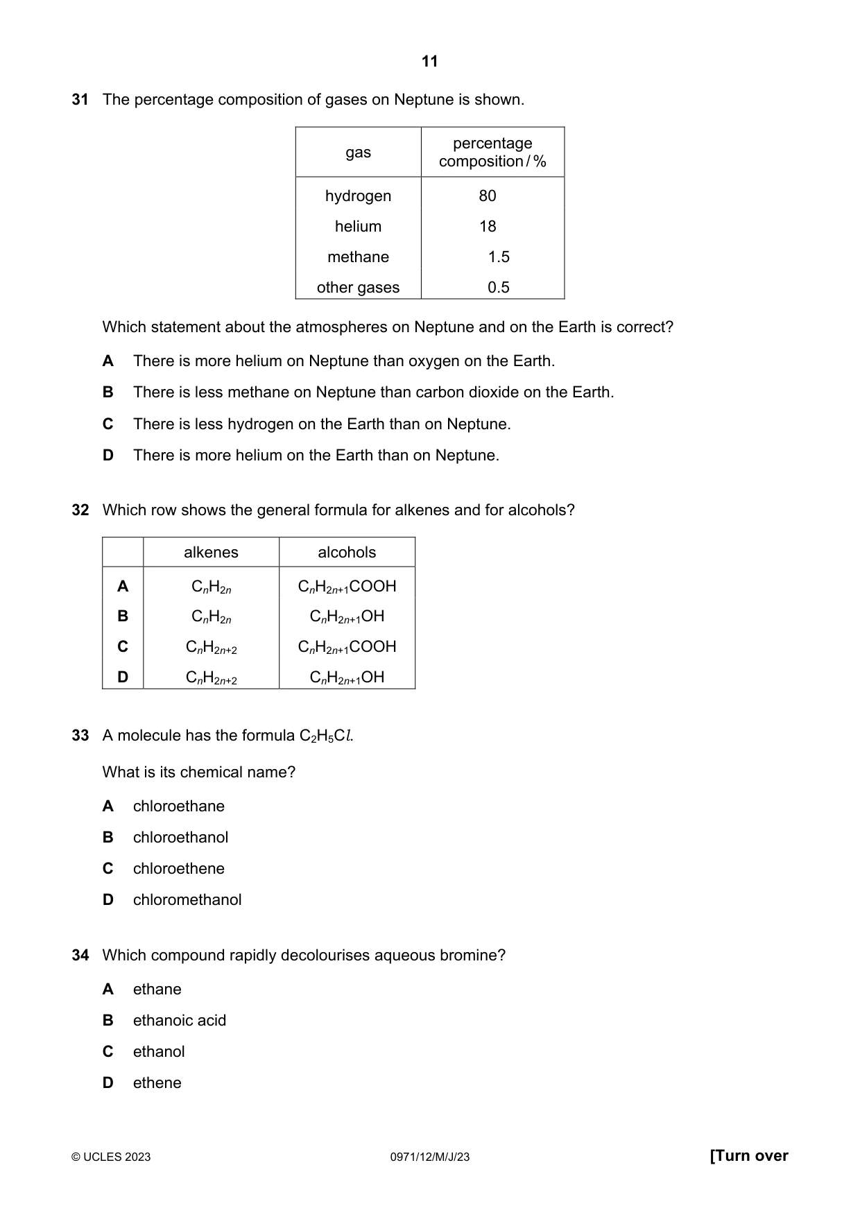Cambridge IGCSE Chemistry (9-1) 0971 2023 May/June Paper 1 · Variant 2 question paper, page 11 of 16