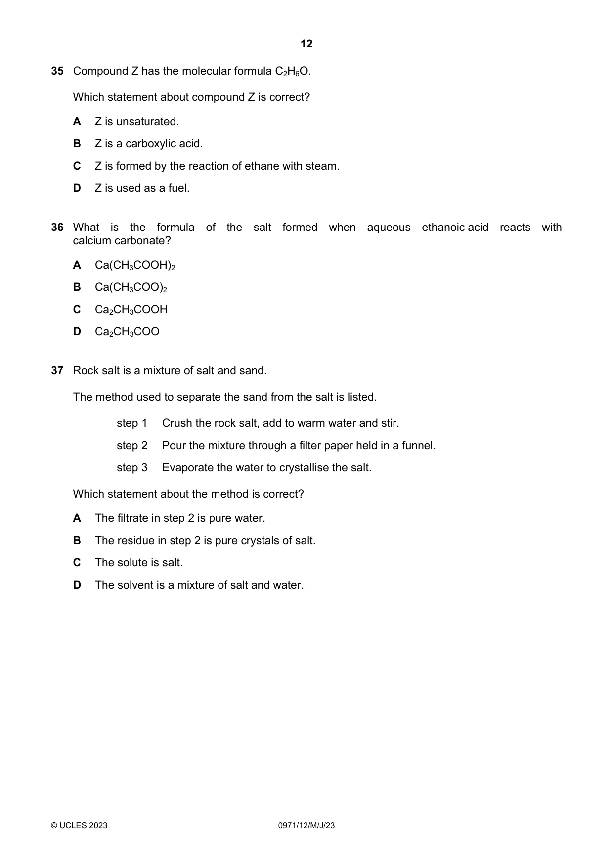 Cambridge IGCSE Chemistry (9-1) 0971 2023 May/June Paper 1 · Variant 2 question paper, page 12 of 16