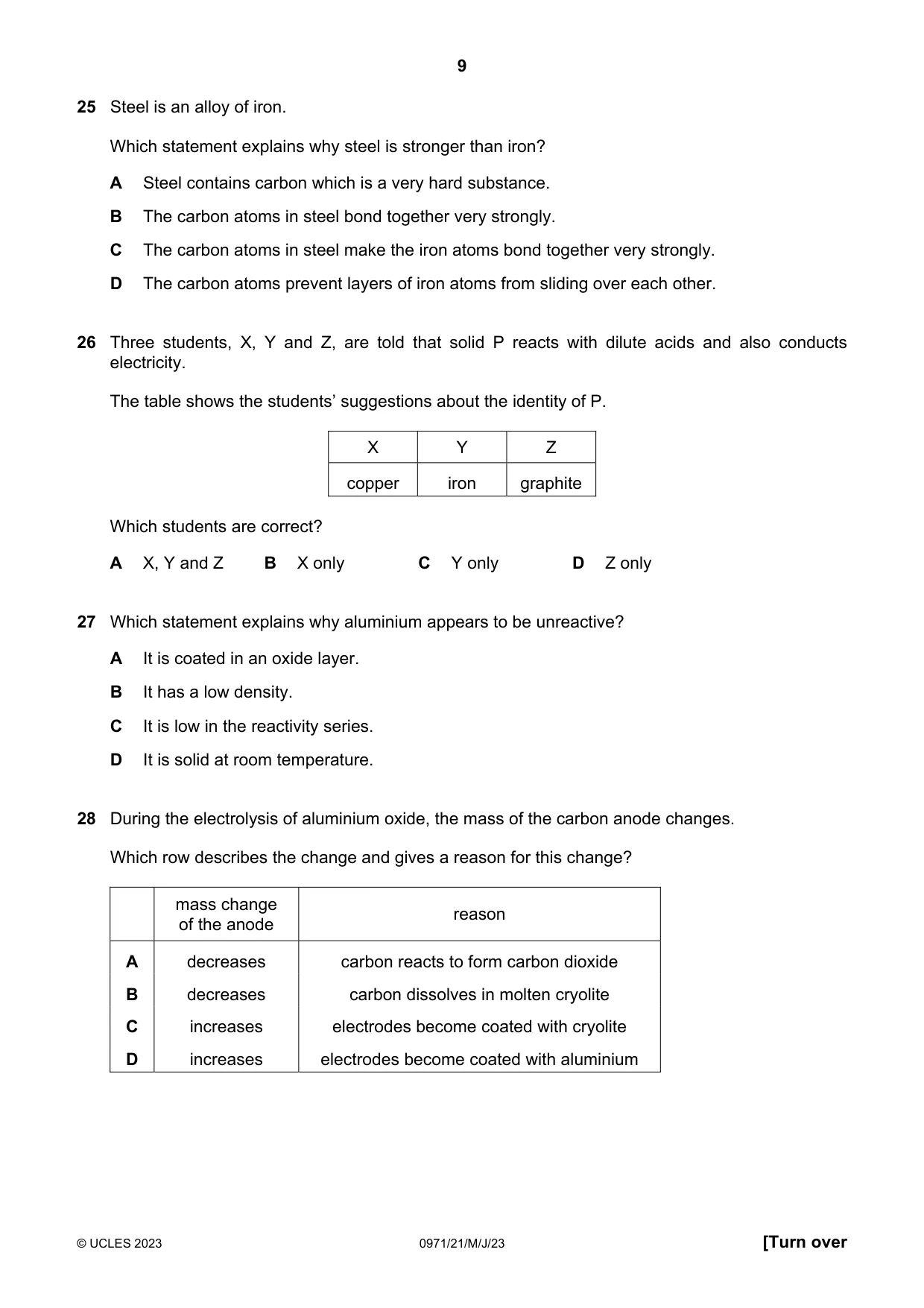 Cambridge IGCSE Chemistry (9-1) 0971 2023 May/June Paper 2 · Variant 1 question paper, page 9 of 16