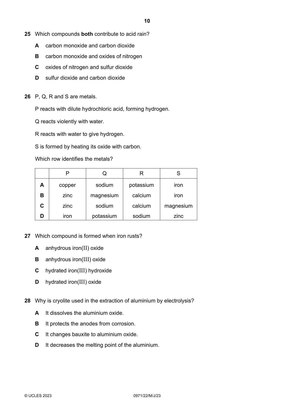 Cambridge IGCSE Chemistry (9-1) 0971 2023 May/June Paper 2 · Variant 2 question paper, page 10 of 16