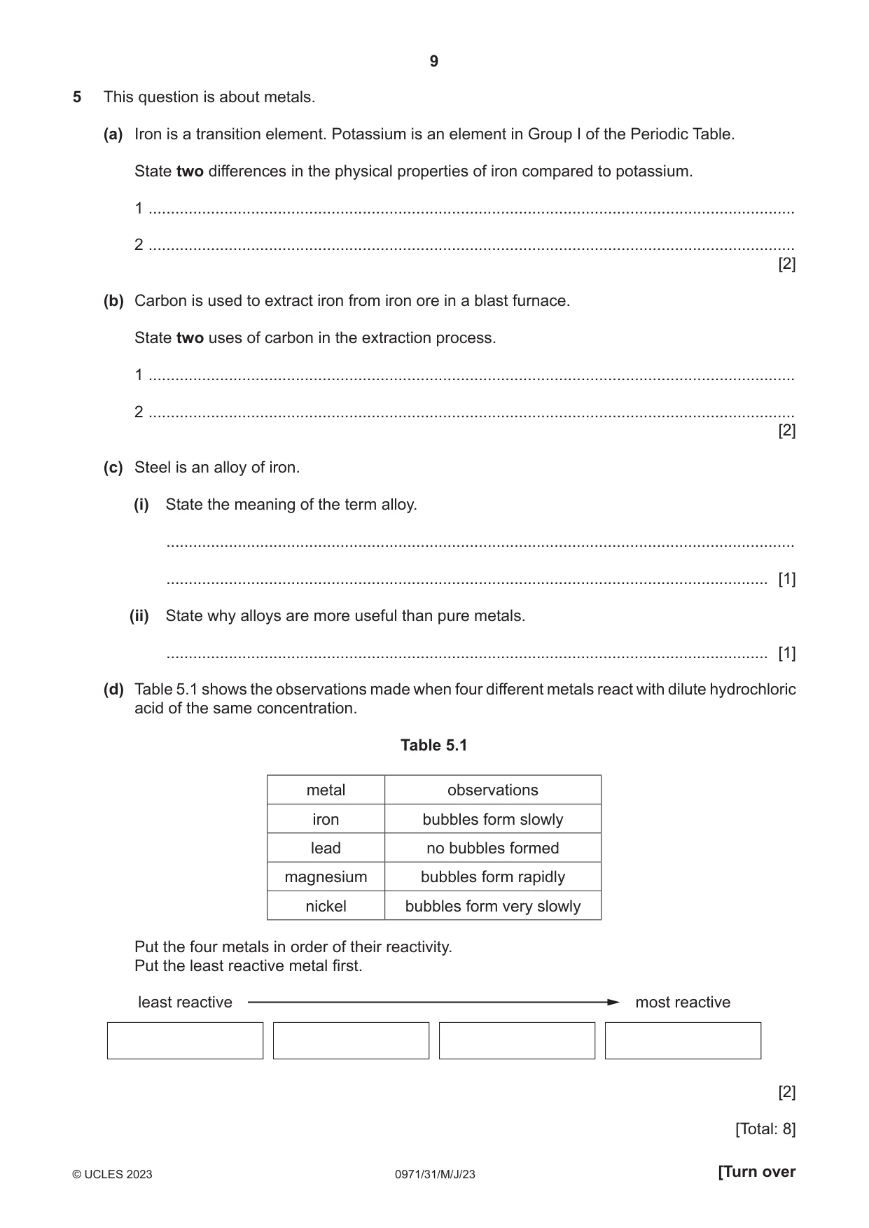 Cambridge IGCSE Chemistry (9-1) 0971 2023 May/June Paper 3 · Variant 1 question paper, page 9 of 16