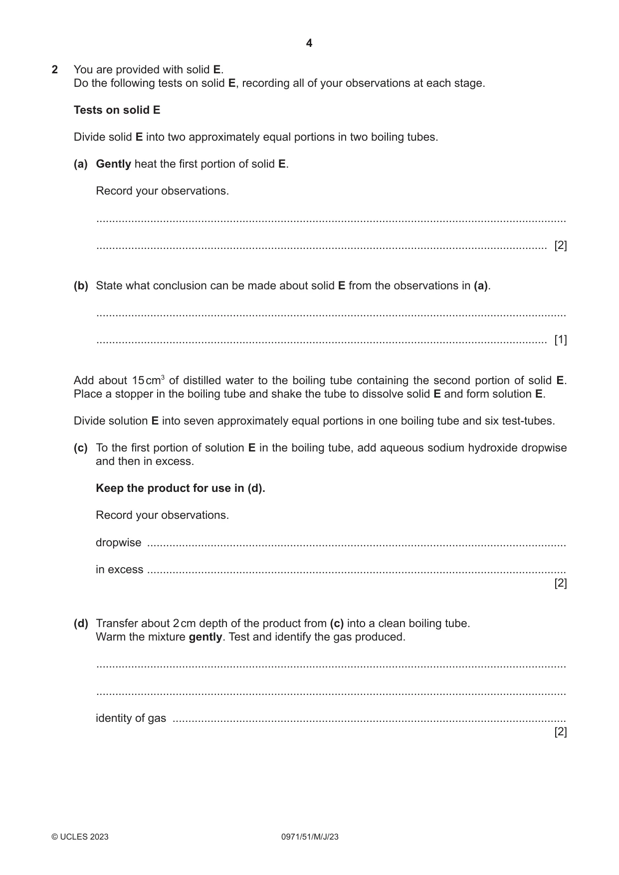 Cambridge IGCSE Chemistry (9-1) 0971 2023 May/June Paper 5 · Variant 1 question paper, page 4 of 12
