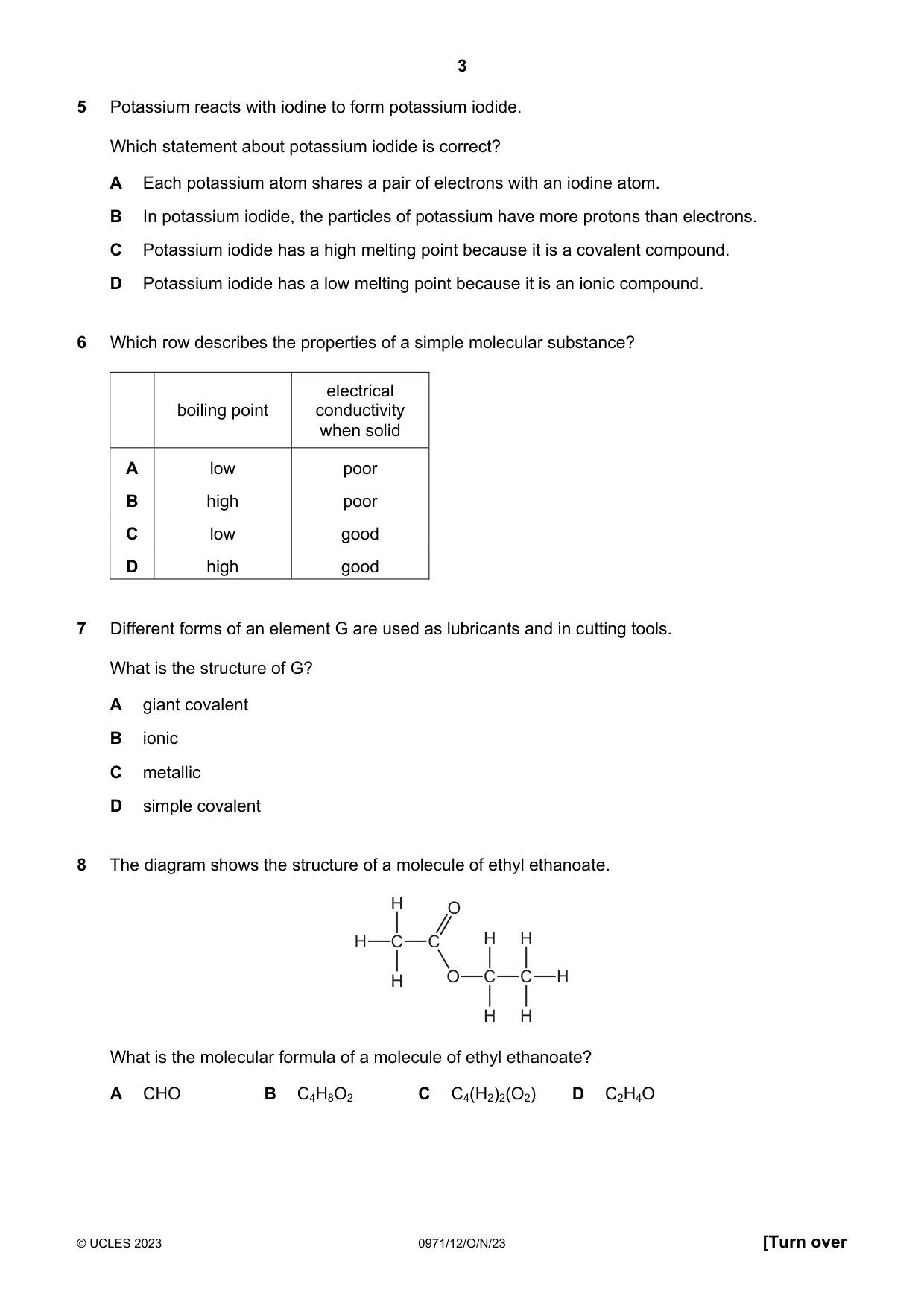 Cambridge IGCSE Chemistry (9-1) 0971 2023 Oct/Nov Paper 1 · Variant 2 question paper, page 3 of 16