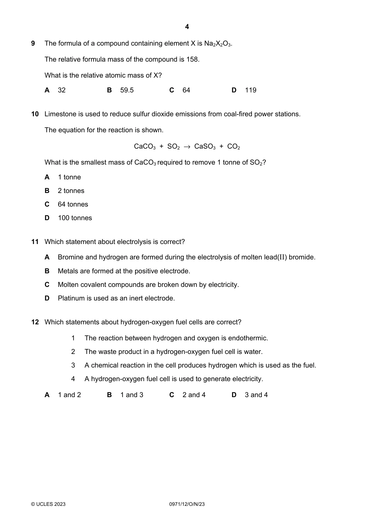 Cambridge IGCSE Chemistry (9-1) 0971 2023 Oct/Nov Paper 1 · Variant 2 question paper, page 4 of 16