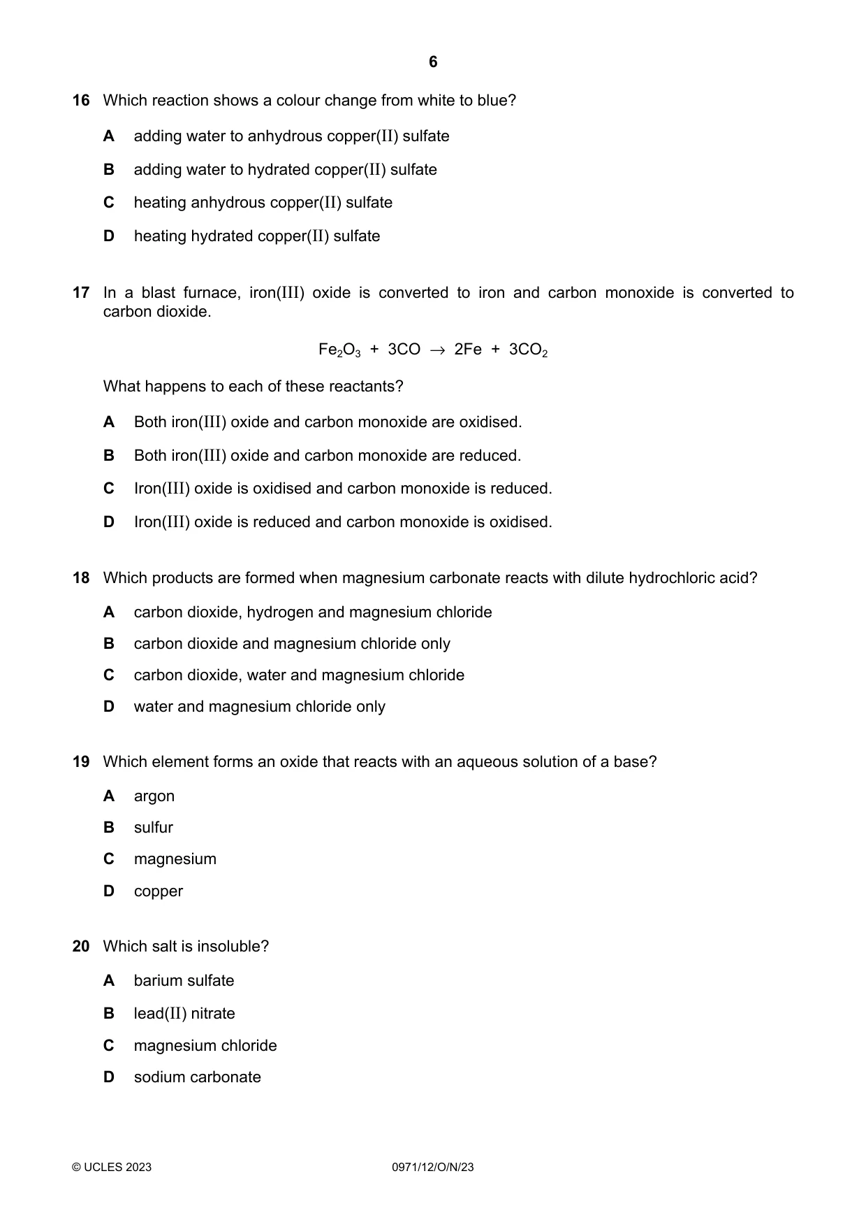 Cambridge IGCSE Chemistry (9-1) 0971 2023 Oct/Nov Paper 1 · Variant 2 question paper, page 6 of 16