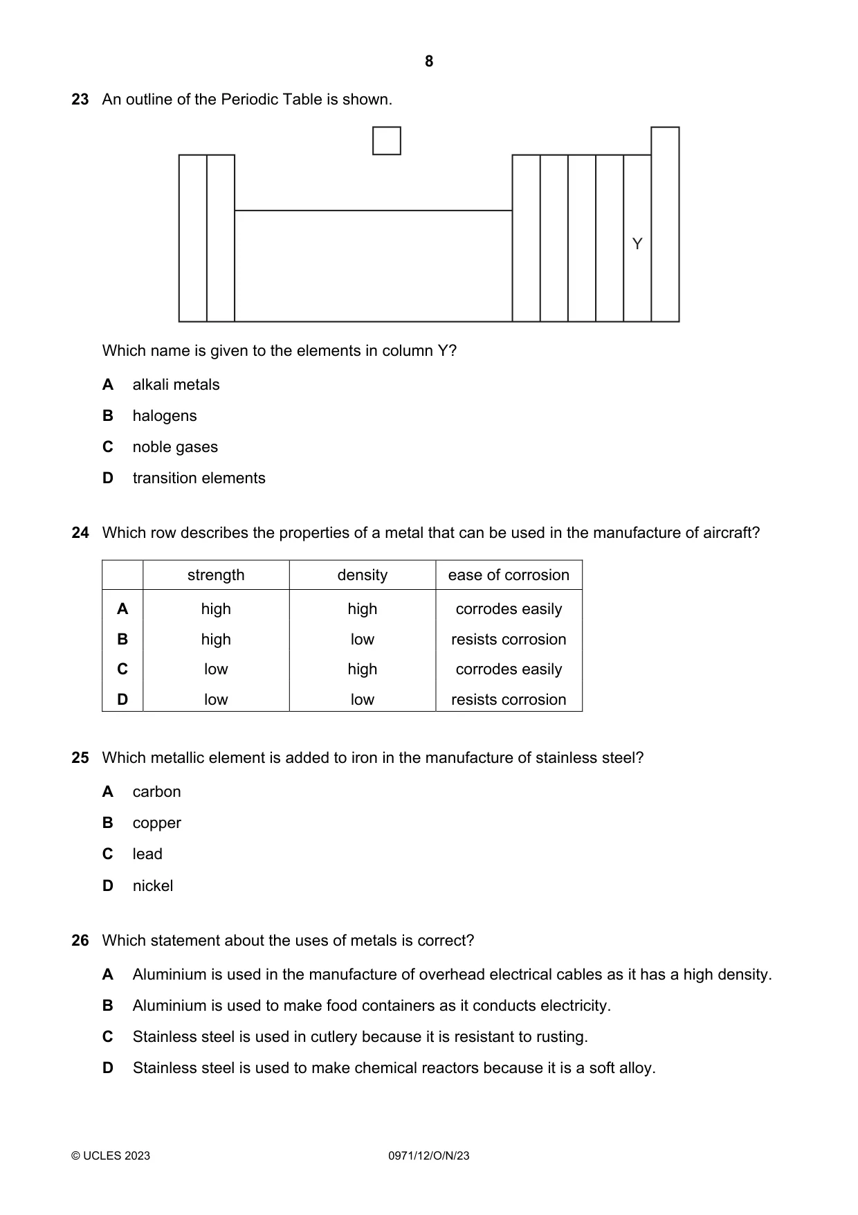 Cambridge IGCSE Chemistry (9-1) 0971 2023 Oct/Nov Paper 1 · Variant 2 question paper, page 8 of 16
