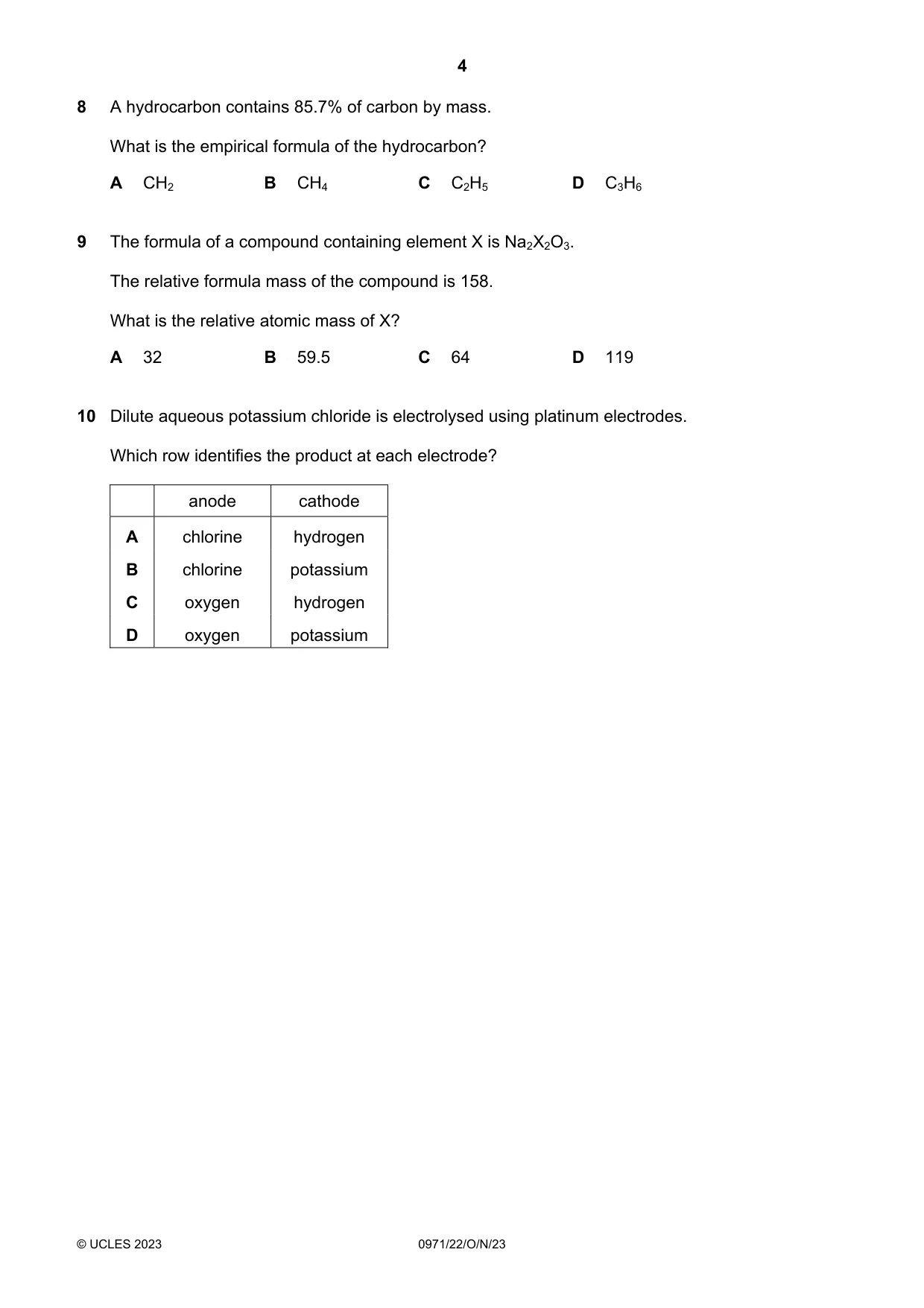 Cambridge IGCSE Chemistry (9-1) 0971 2023 Oct/Nov Paper 2 · Variant 2 question paper, page 4 of 16