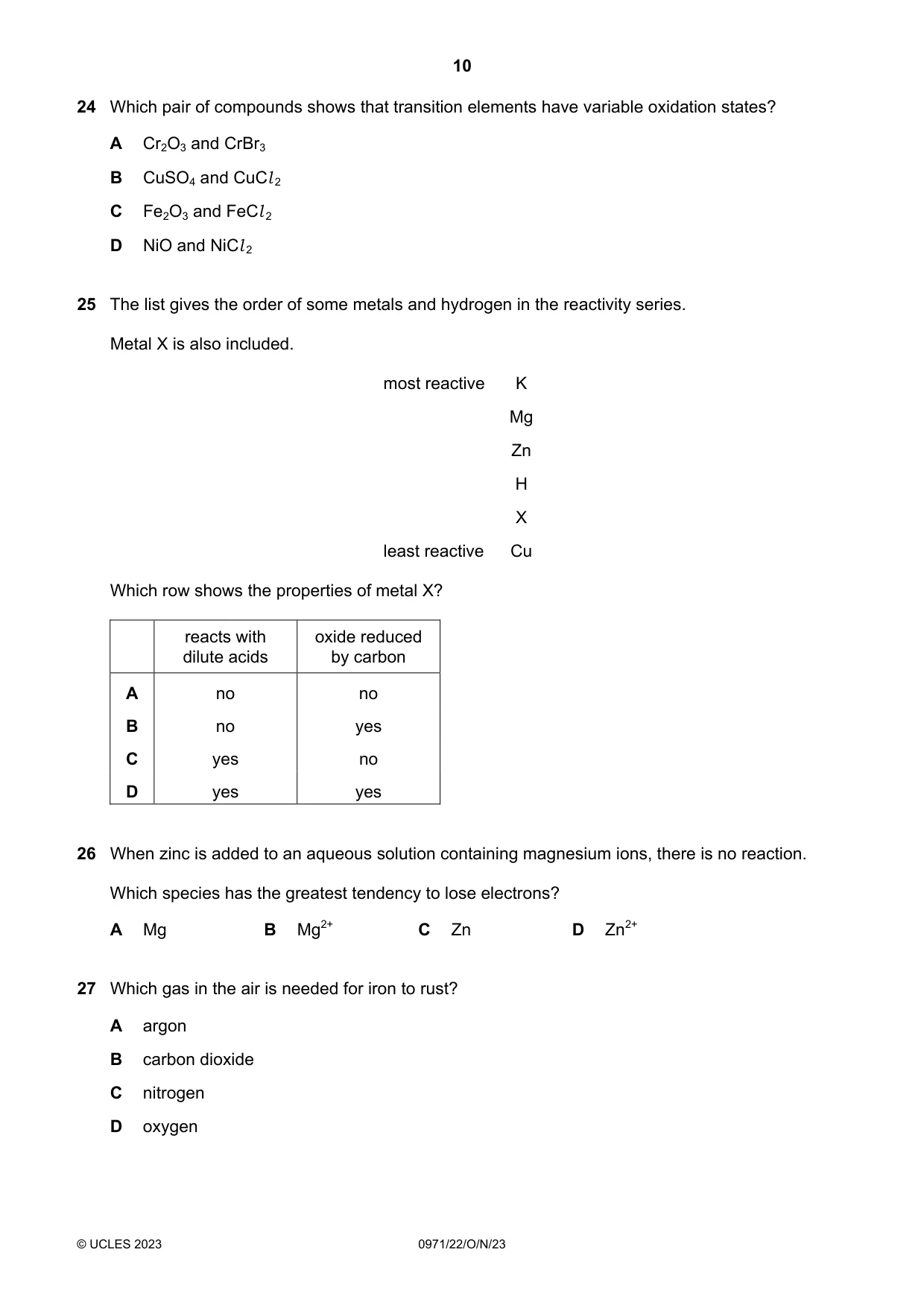 Cambridge IGCSE Chemistry (9-1) 0971 2023 Oct/Nov Paper 2 · Variant 2 question paper, page 10 of 16