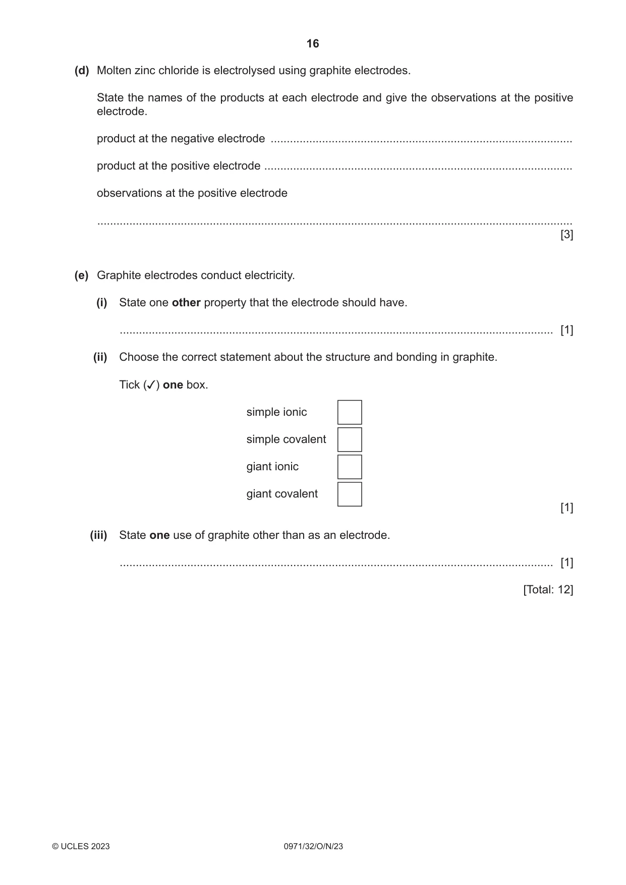 Cambridge IGCSE Chemistry (9-1) 0971 2023 Oct/Nov Paper 3 · Variant 2 question paper, page 16 of 20
