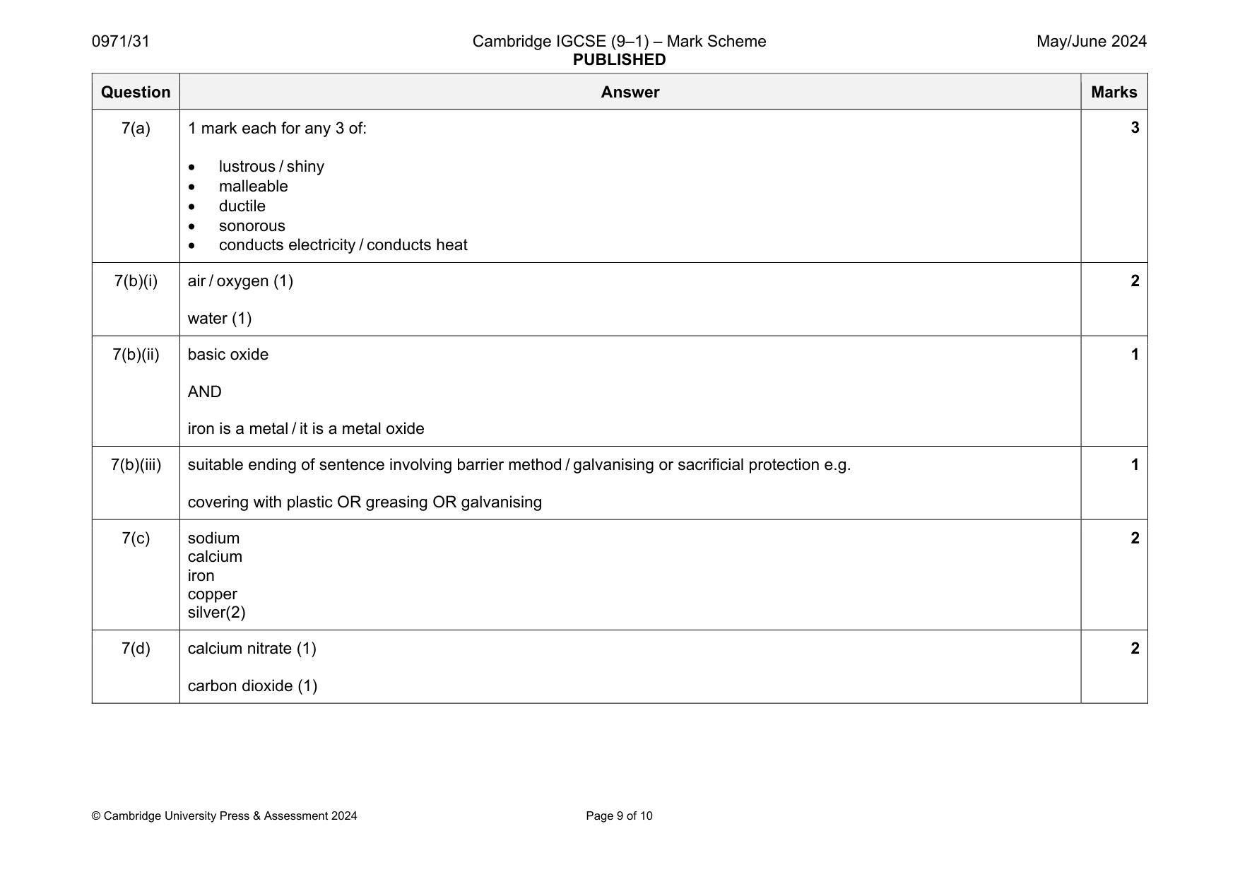 Mark scheme, page 9 of 10