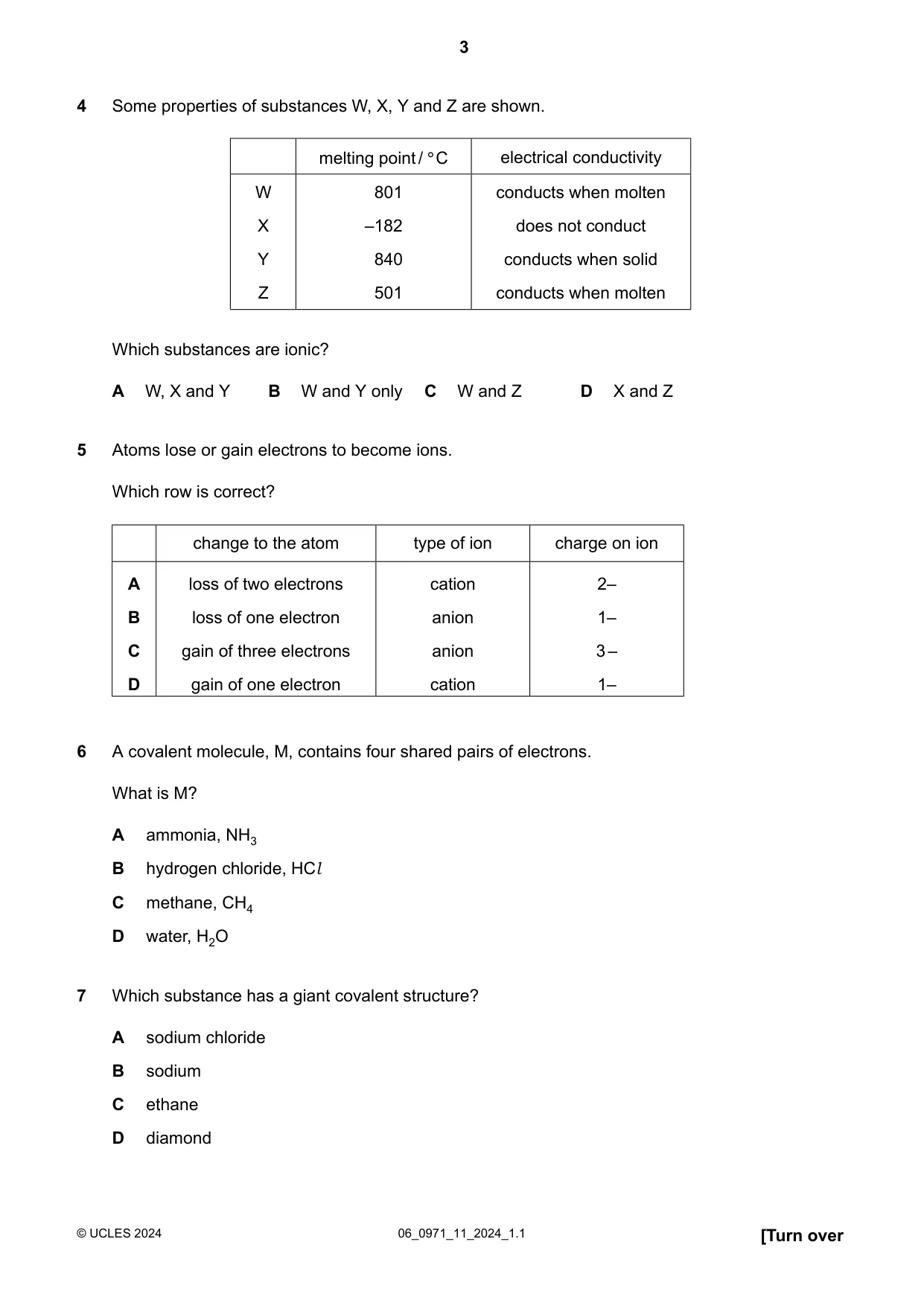 Cambridge IGCSE Chemistry (9-1) 0971 2024 May/June Paper 1 · Variant 1 question paper, page 3 of 16