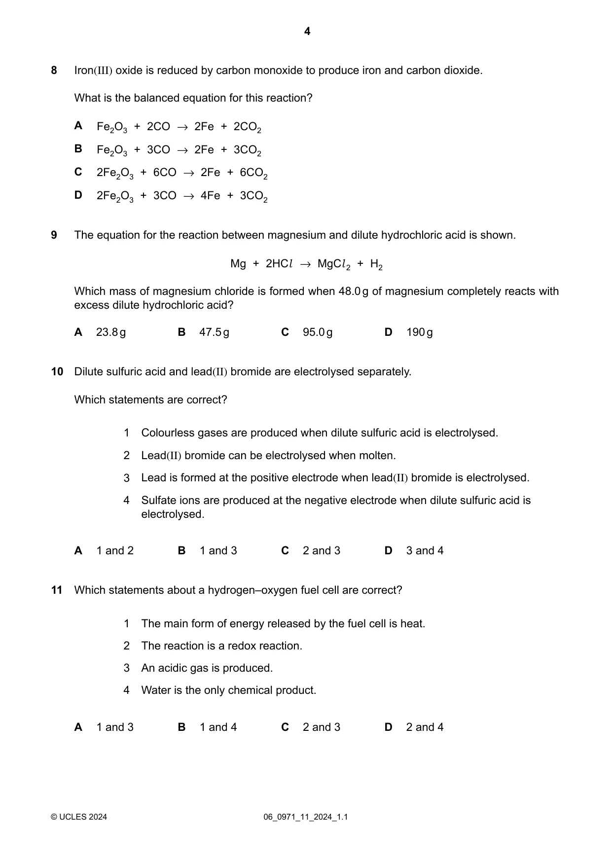 Cambridge IGCSE Chemistry (9-1) 0971 2024 May/June Paper 1 · Variant 1 question paper, page 4 of 16