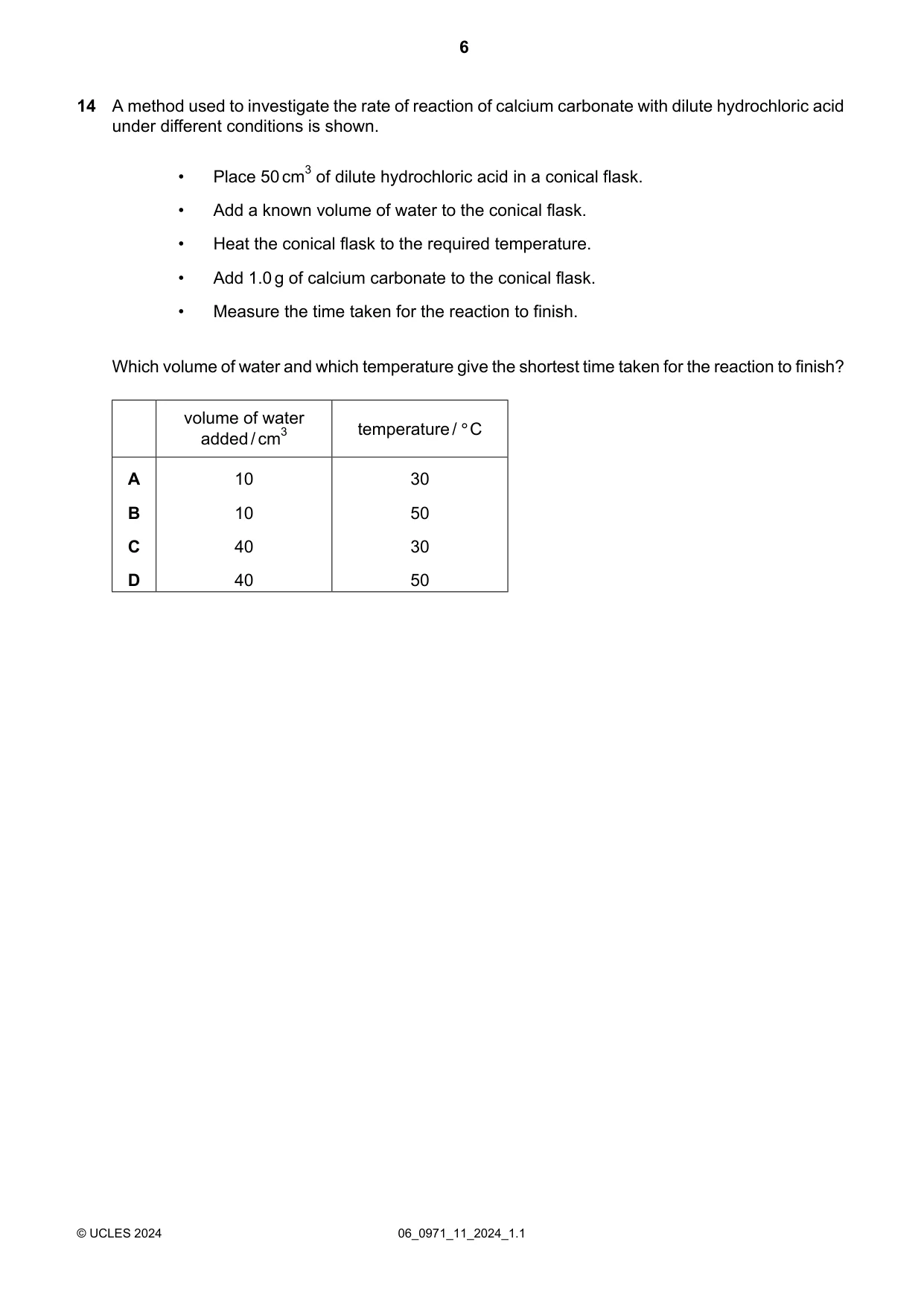 Cambridge IGCSE Chemistry (9-1) 0971 2024 May/June Paper 1 · Variant 1 question paper, page 6 of 16