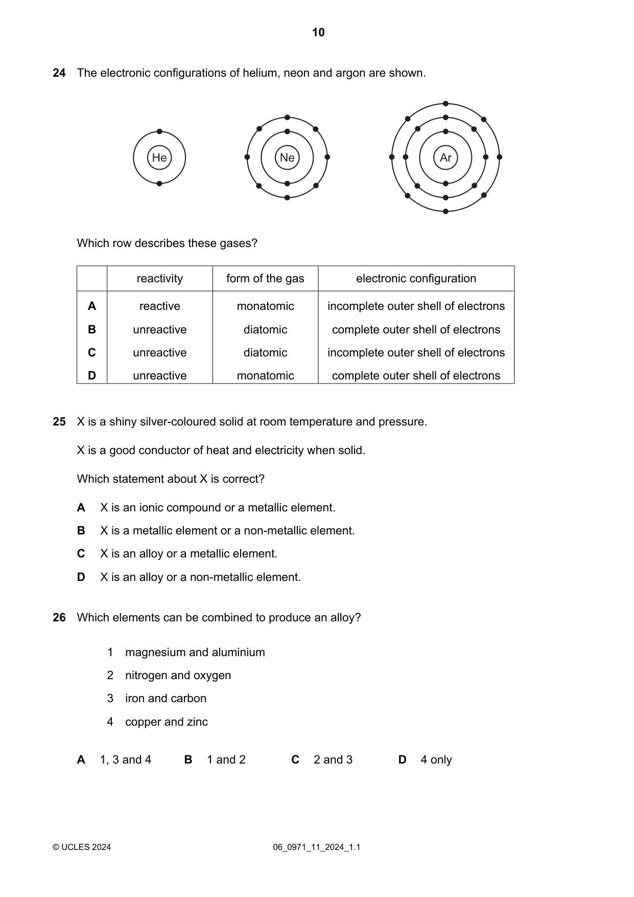 Cambridge IGCSE Chemistry (9-1) 0971 2024 May/June Paper 1 · Variant 1 question paper, page 10 of 16