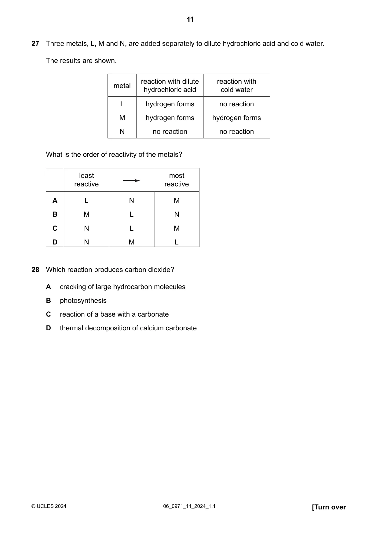 Cambridge IGCSE Chemistry (9-1) 0971 2024 May/June Paper 1 · Variant 1 question paper, page 11 of 16