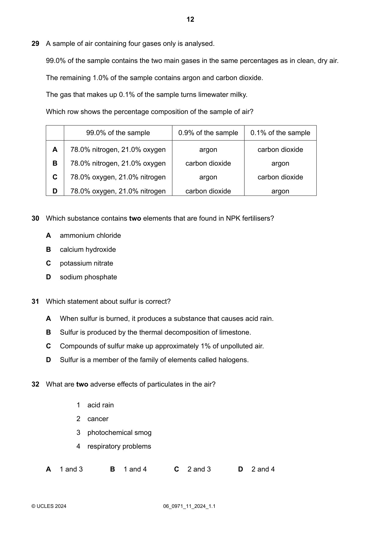 Cambridge IGCSE Chemistry (9-1) 0971 2024 May/June Paper 1 · Variant 1 question paper, page 12 of 16
