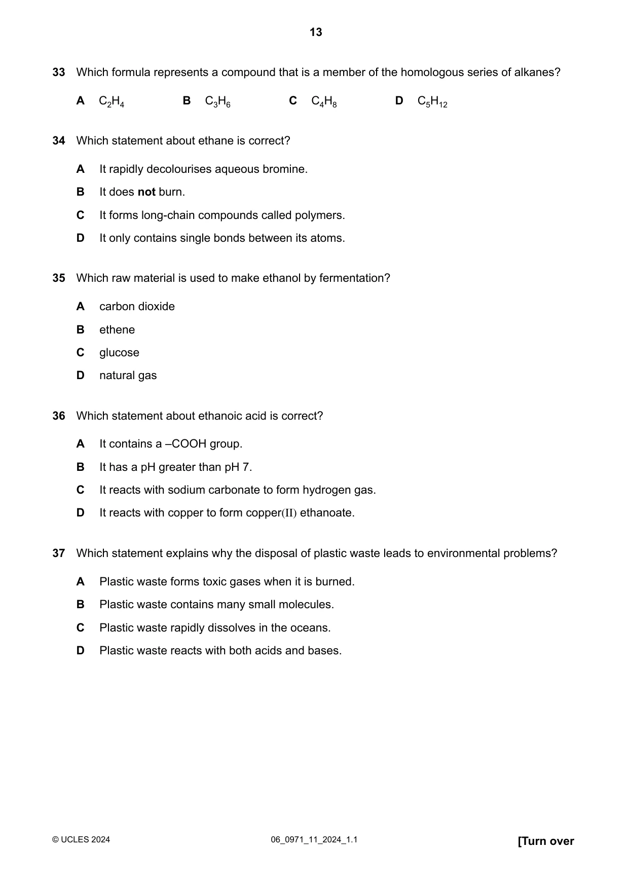 Cambridge IGCSE Chemistry (9-1) 0971 2024 May/June Paper 1 · Variant 1 question paper, page 13 of 16