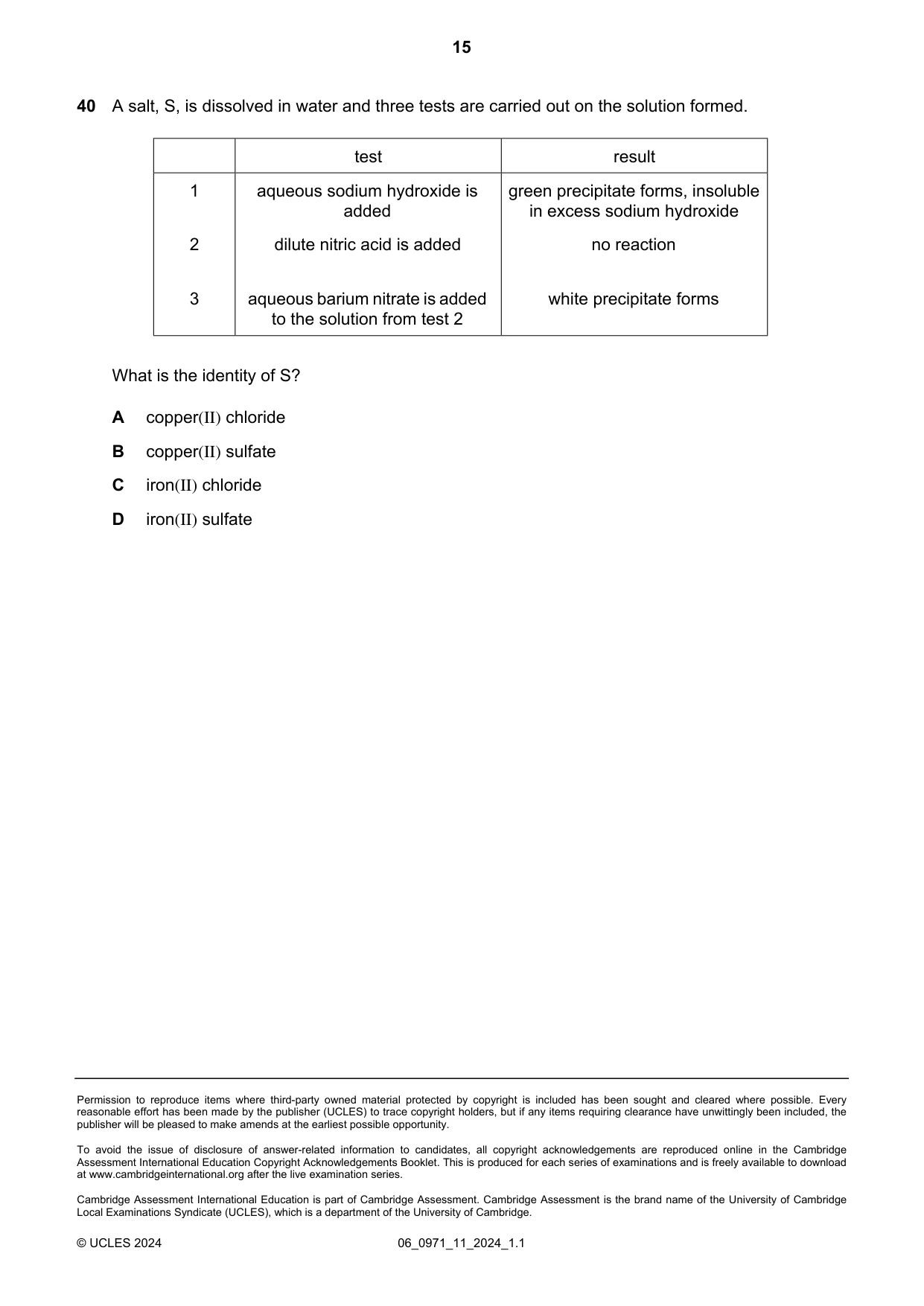 Cambridge IGCSE Chemistry (9-1) 0971 2024 May/June Paper 1 · Variant 1 question paper, page 15 of 16
