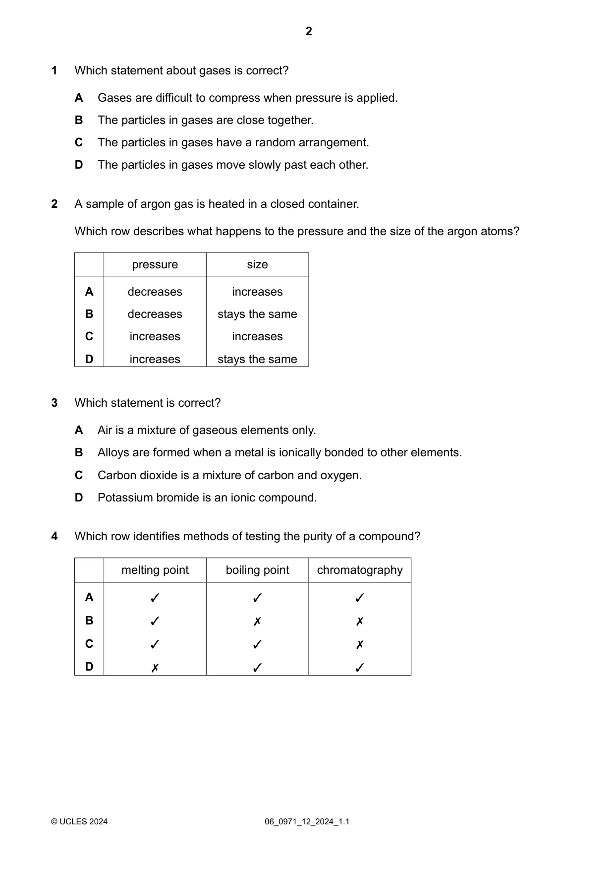 Cambridge IGCSE Chemistry (9-1) 0971 2024 May/June Paper 1 · Variant 2 question paper, page 2 of 16