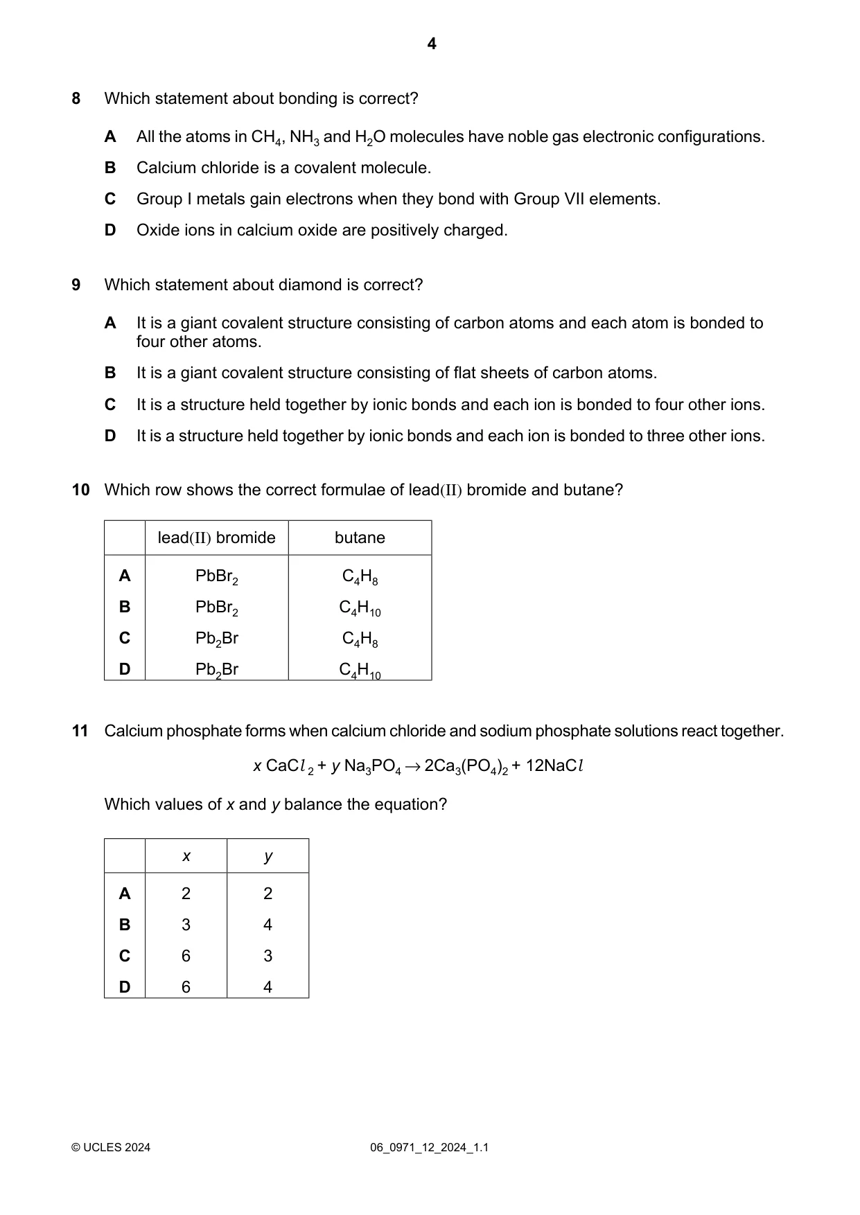 Cambridge IGCSE Chemistry (9-1) 0971 2024 May/June Paper 1 · Variant 2 question paper, page 4 of 16