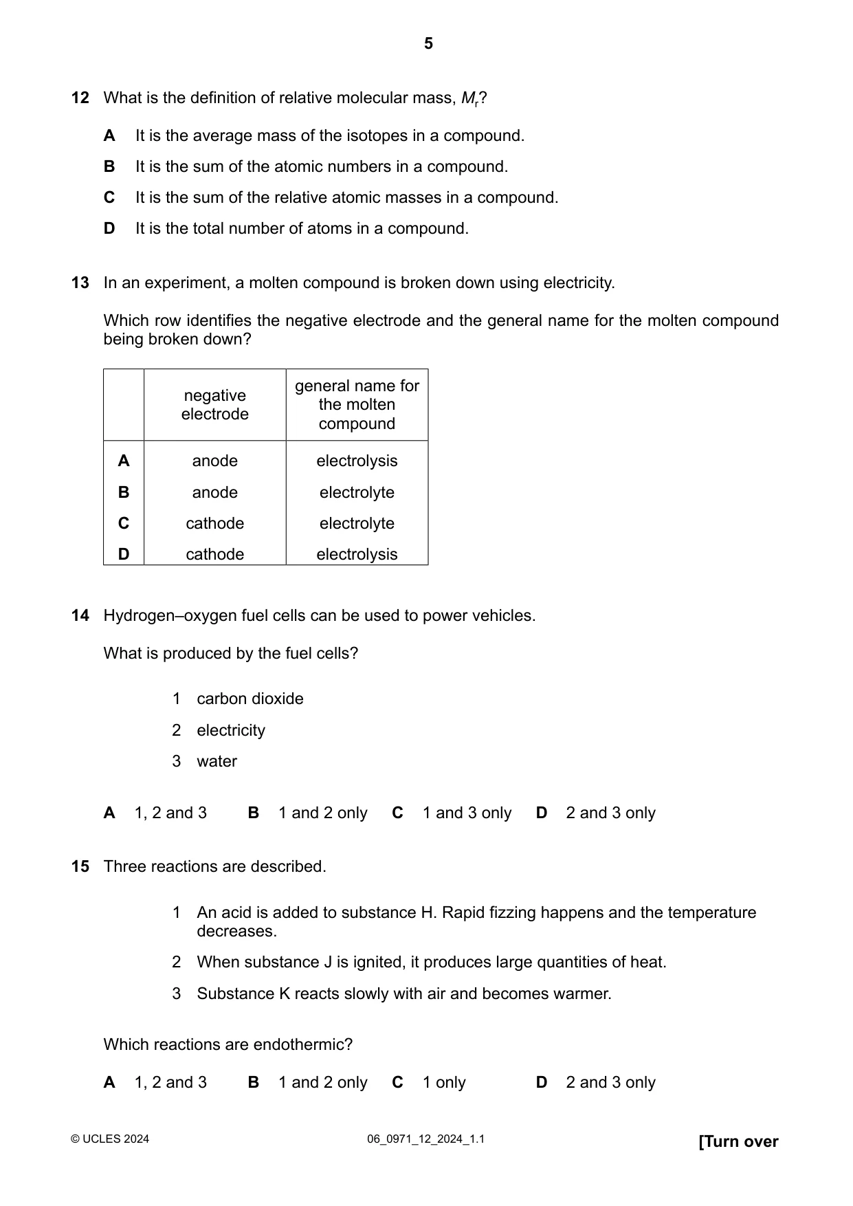 Cambridge IGCSE Chemistry (9-1) 0971 2024 May/June Paper 1 · Variant 2 question paper, page 5 of 16