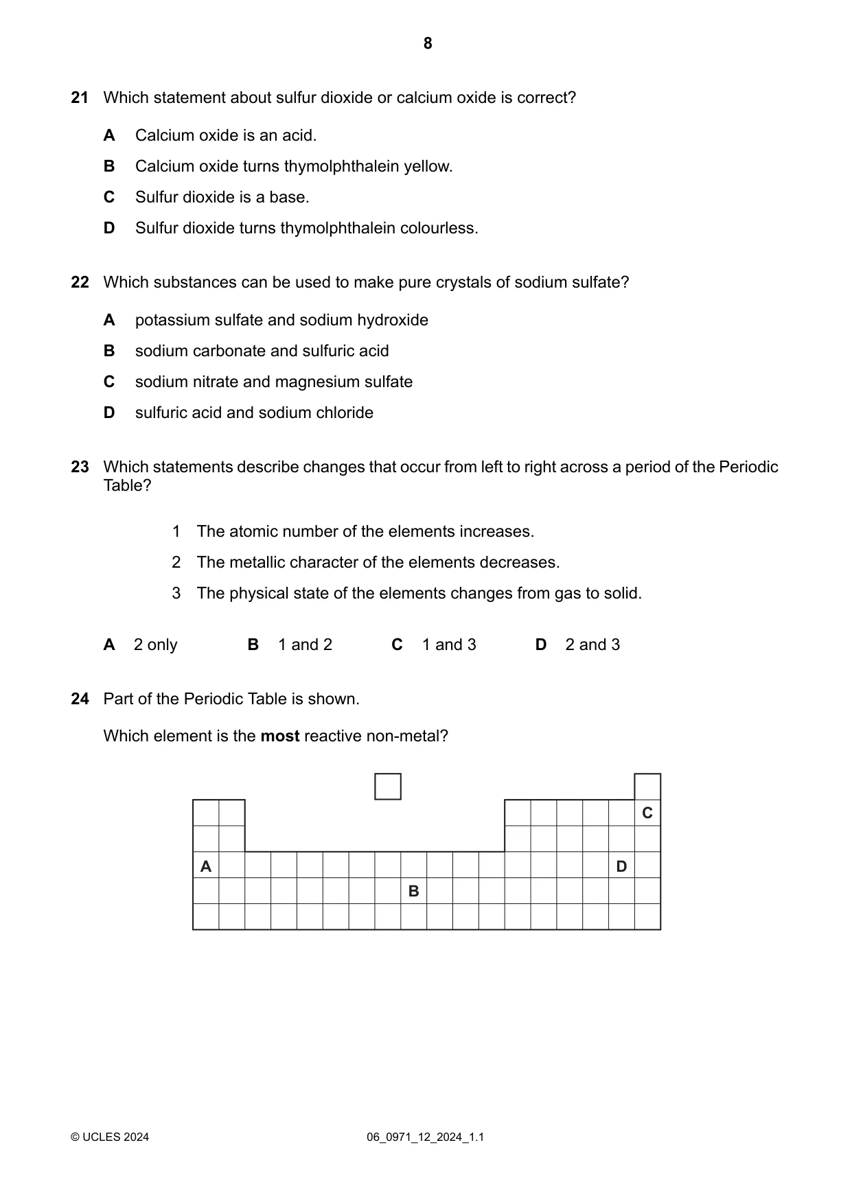 Cambridge IGCSE Chemistry (9-1) 0971 2024 May/June Paper 1 · Variant 2 question paper, page 8 of 16
