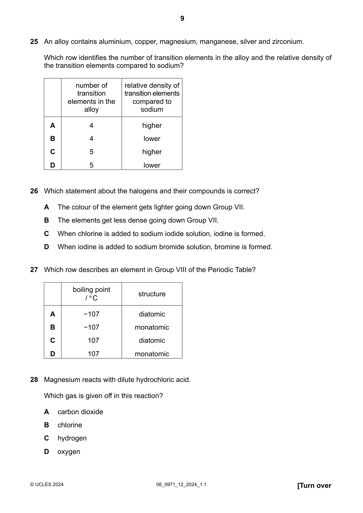 Cambridge IGCSE Chemistry (9-1) 0971 2024 May/June Paper 1 · Variant 2 question paper, page 9 of 16