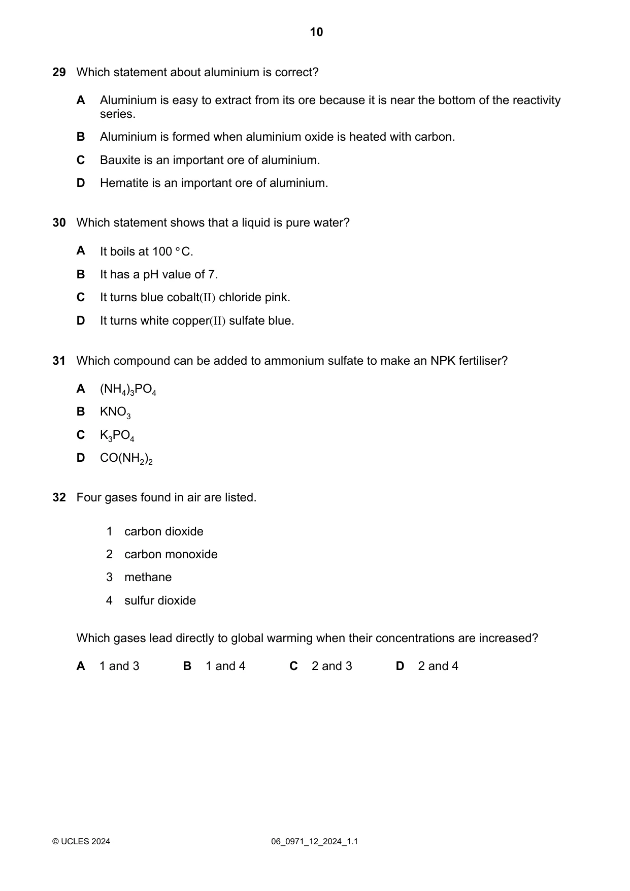 Cambridge IGCSE Chemistry (9-1) 0971 2024 May/June Paper 1 · Variant 2 question paper, page 10 of 16