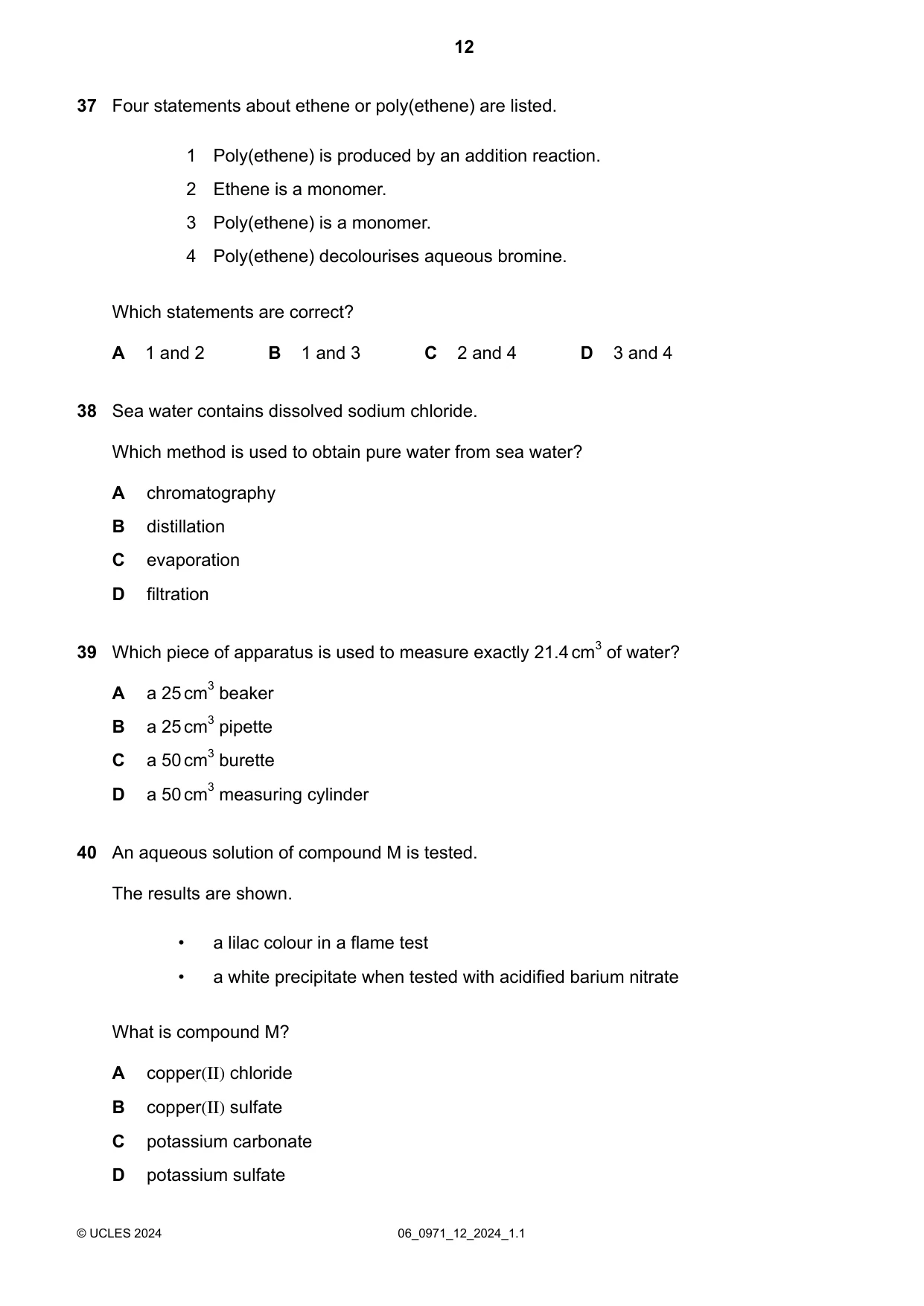 Cambridge IGCSE Chemistry (9-1) 0971 2024 May/June Paper 1 · Variant 2 question paper, page 12 of 16
