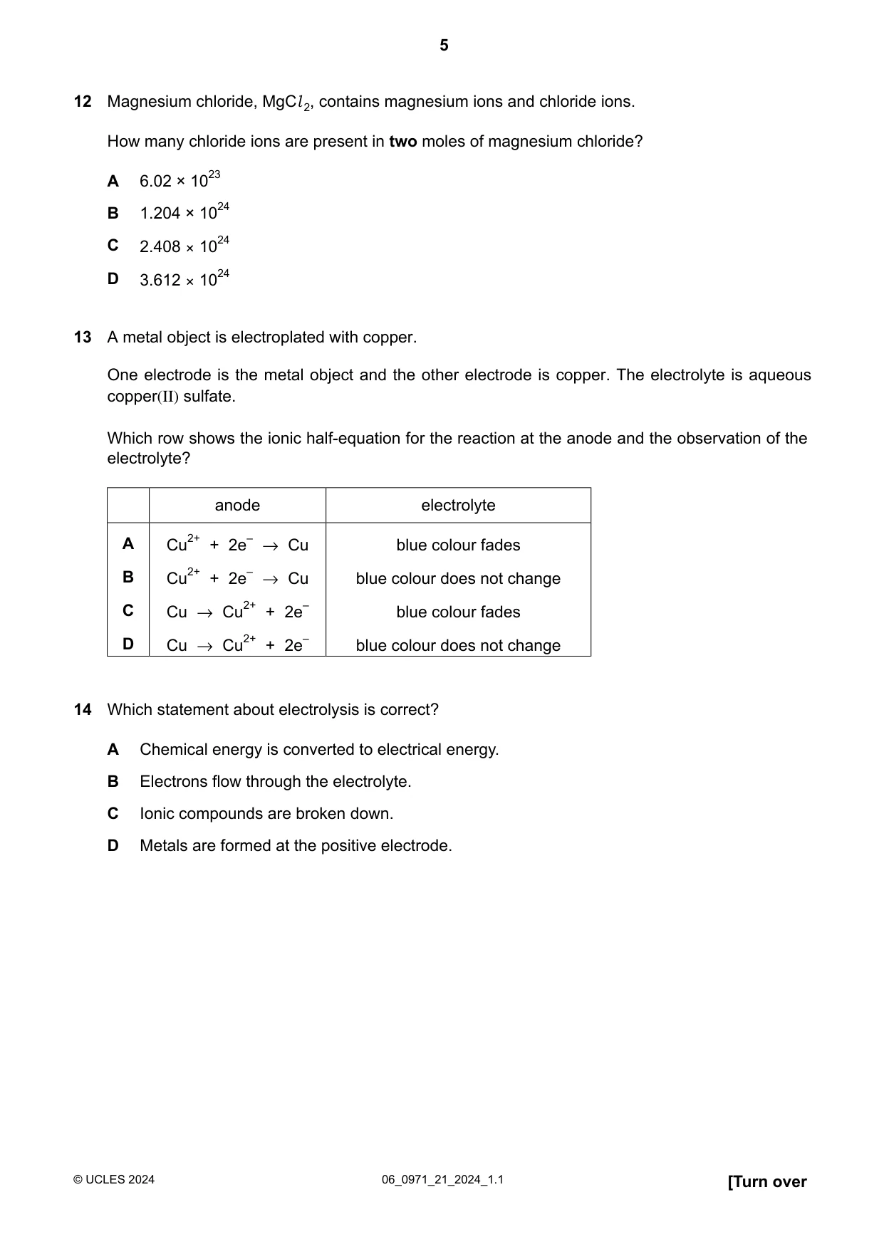 Cambridge IGCSE Chemistry (9-1) 0971 2024 May/June Paper 2 · Variant 1 question paper, page 5 of 16