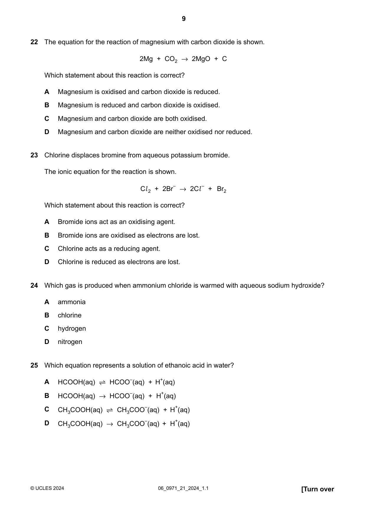 Cambridge IGCSE Chemistry (9-1) 0971 2024 May/June Paper 2 · Variant 1 question paper, page 9 of 16