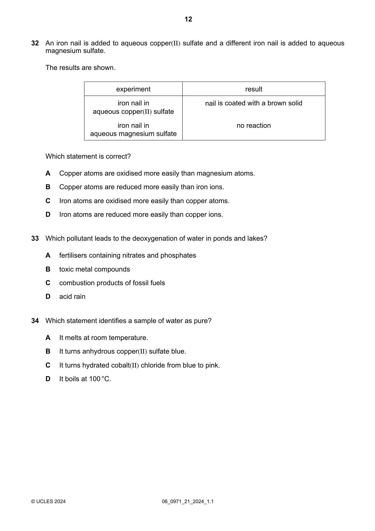 Cambridge IGCSE Chemistry (9-1) 0971 2024 May/June Paper 2 · Variant 1 question paper, page 12 of 16