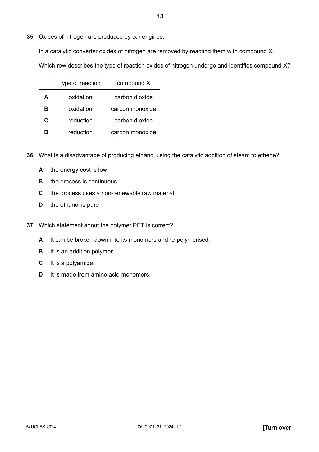 Cambridge IGCSE Chemistry (9-1) 0971 2024 May/June Paper 2 · Variant 1 question paper, page 13 of 16