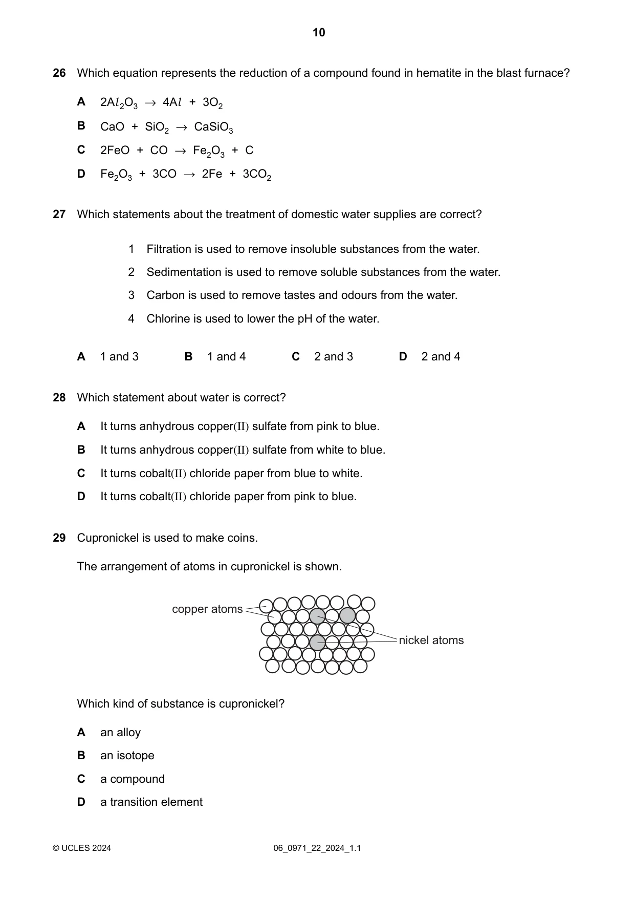 Cambridge IGCSE Chemistry (9-1) 0971 2024 May/June Paper 2 · Variant 2 question paper, page 10 of 16