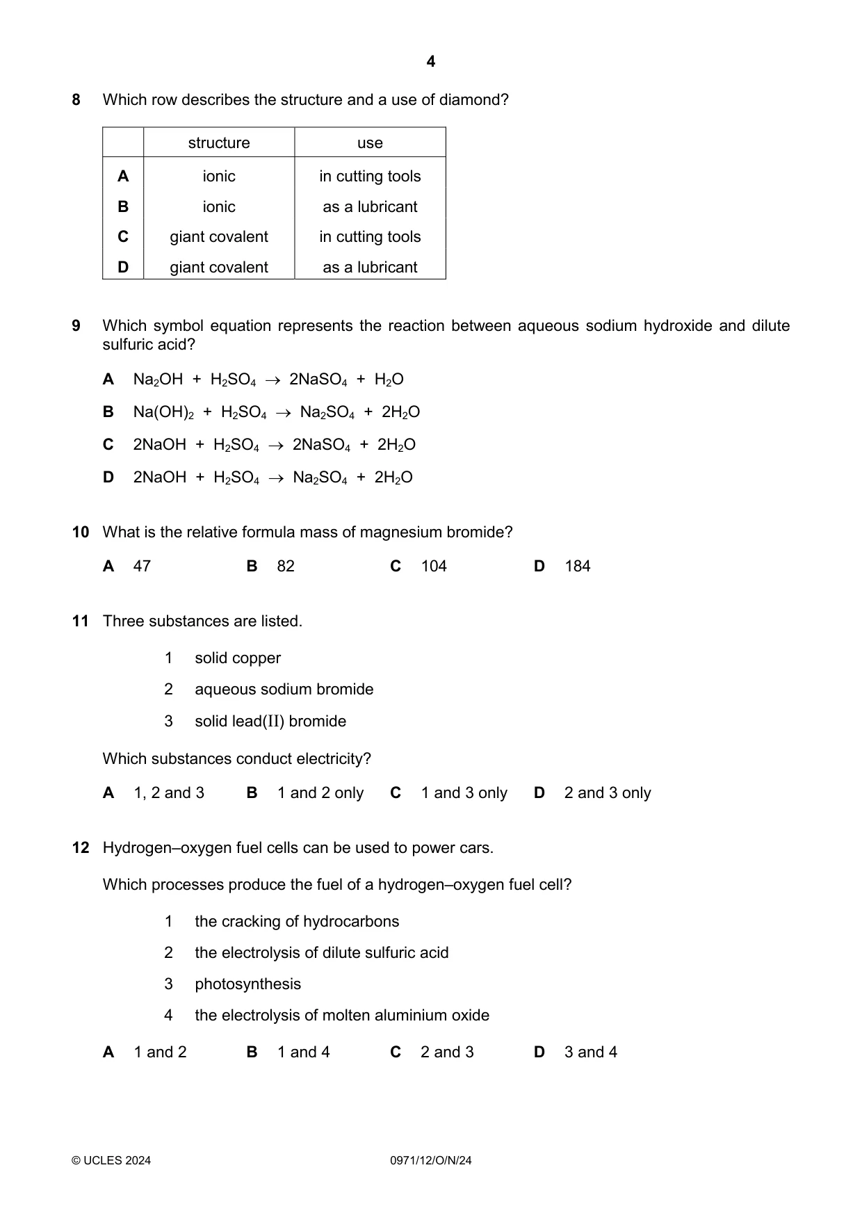 Cambridge IGCSE Chemistry (9-1) 0971 2024 Oct/Nov Paper 1 · Variant 2 question paper, page 4 of 16