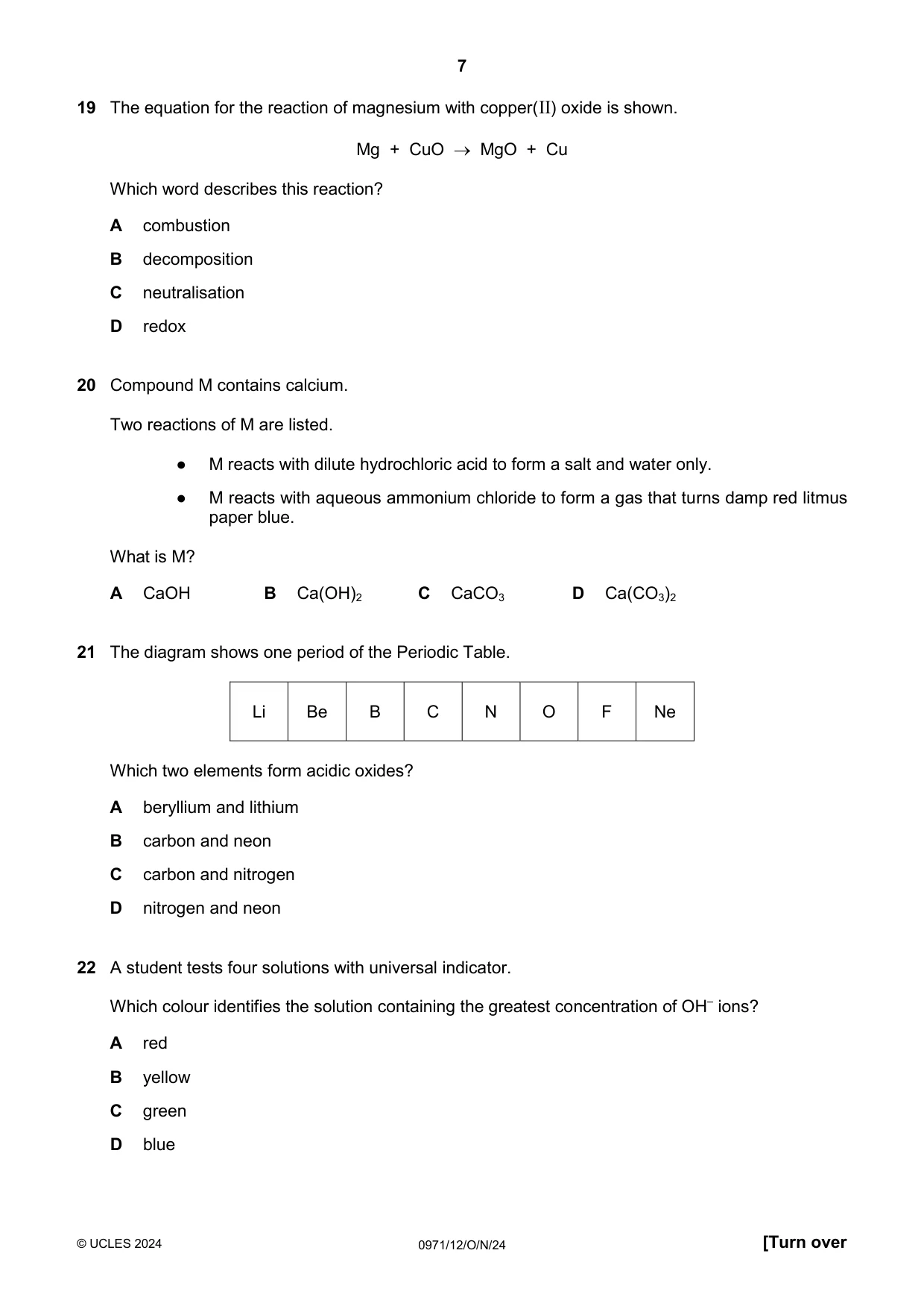 Cambridge IGCSE Chemistry (9-1) 0971 2024 Oct/Nov Paper 1 · Variant 2 question paper, page 7 of 16
