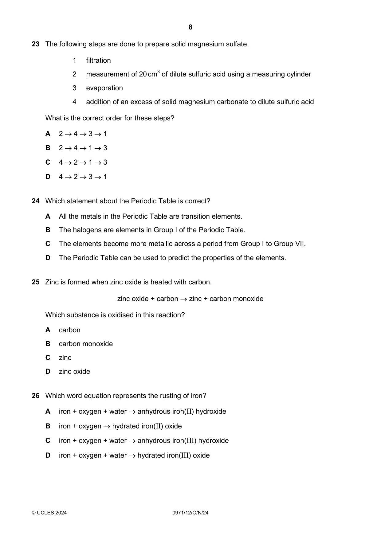 Cambridge IGCSE Chemistry (9-1) 0971 2024 Oct/Nov Paper 1 · Variant 2 question paper, page 8 of 16