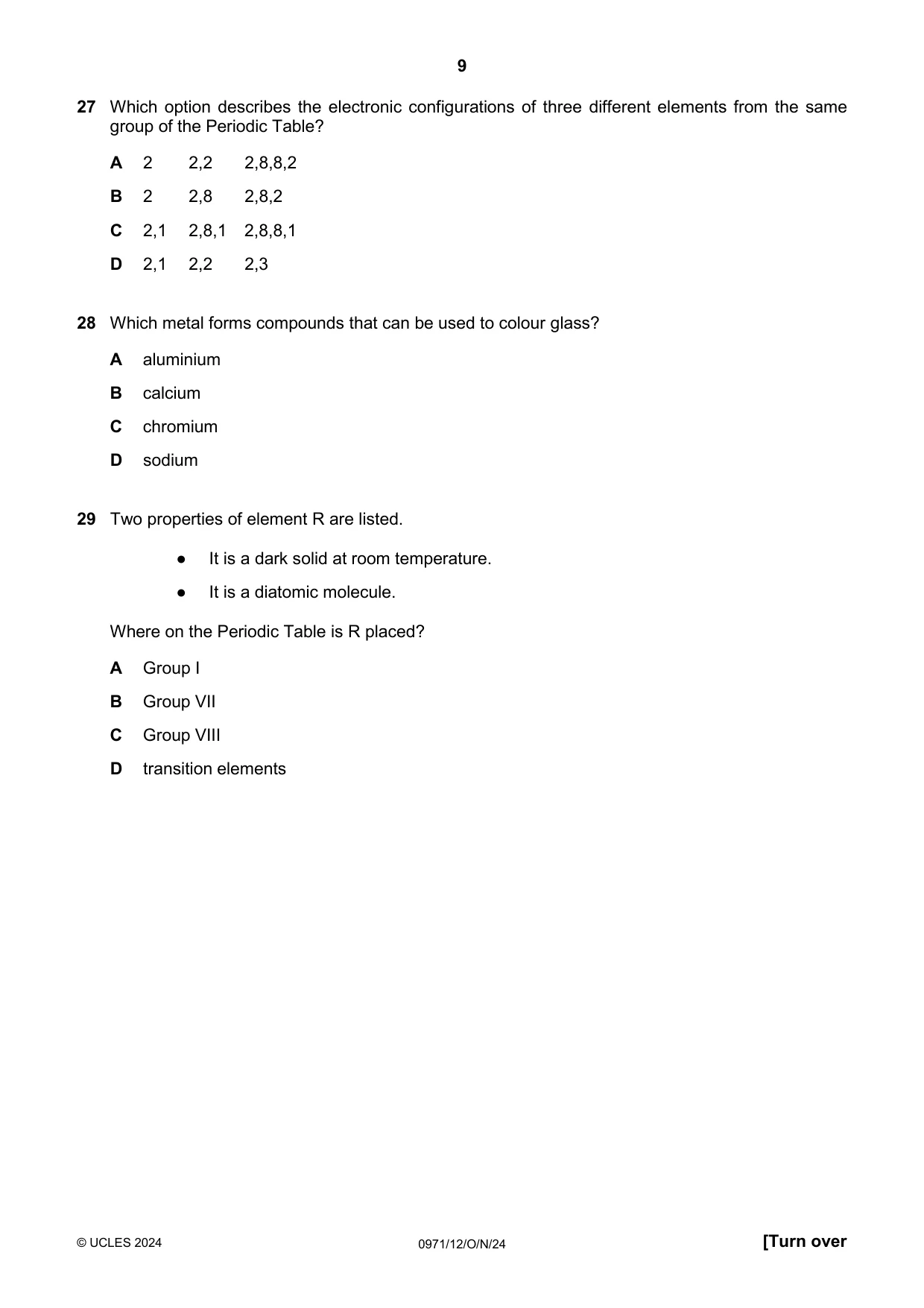 Cambridge IGCSE Chemistry (9-1) 0971 2024 Oct/Nov Paper 1 · Variant 2 question paper, page 9 of 16