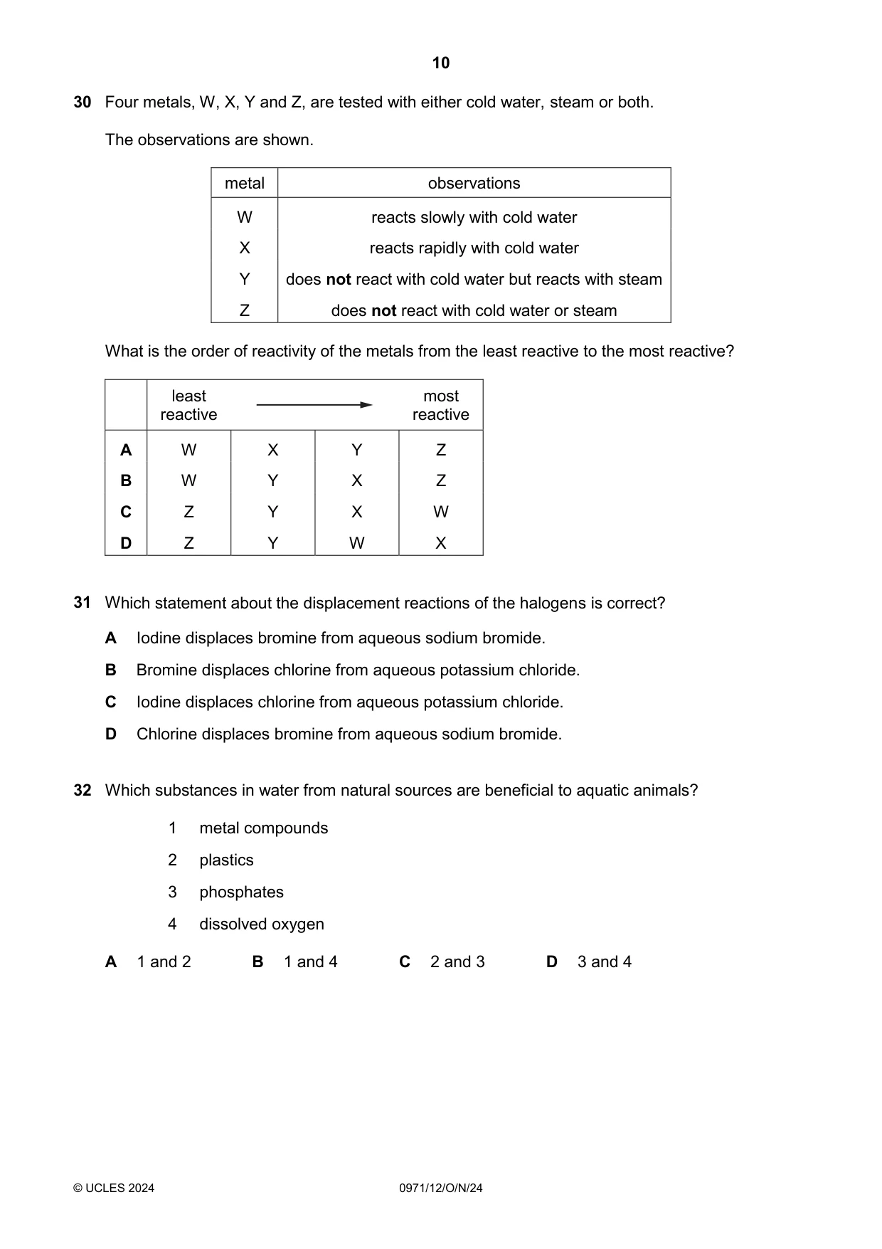 Cambridge IGCSE Chemistry (9-1) 0971 2024 Oct/Nov Paper 1 · Variant 2 question paper, page 10 of 16