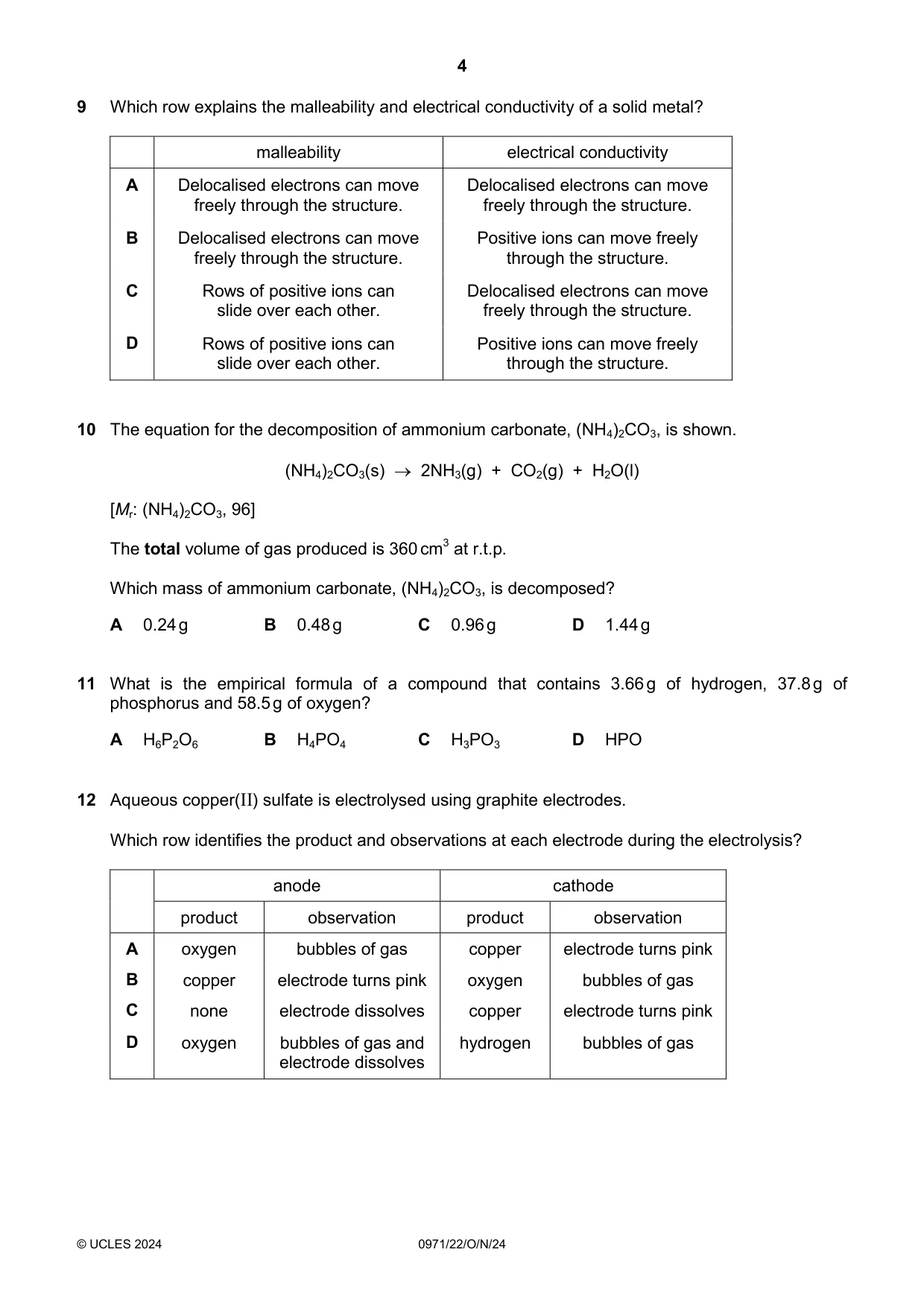 Cambridge IGCSE Chemistry (9-1) 0971 2024 Oct/Nov Paper 2 · Variant 2 question paper, page 4 of 16