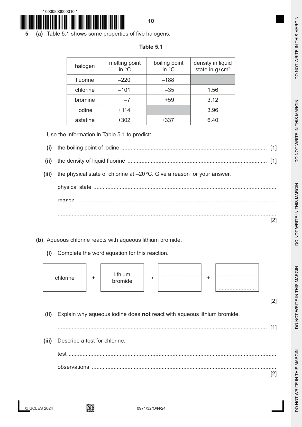 Cambridge IGCSE Chemistry (9-1) 0971 2024 Oct/Nov Paper 3 · Variant 2 question paper, page 10 of 20