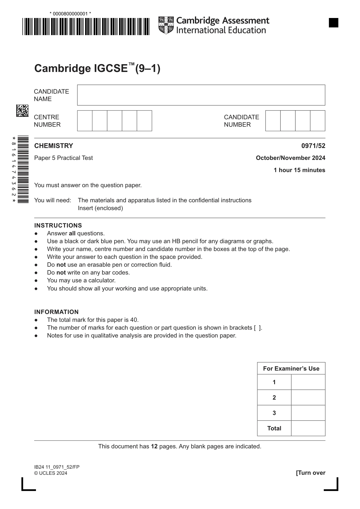 Cambridge IGCSE Chemistry (9-1) 0971 2024 Oct/Nov Paper 5 · Variant 2 question paper, page 1 of 12