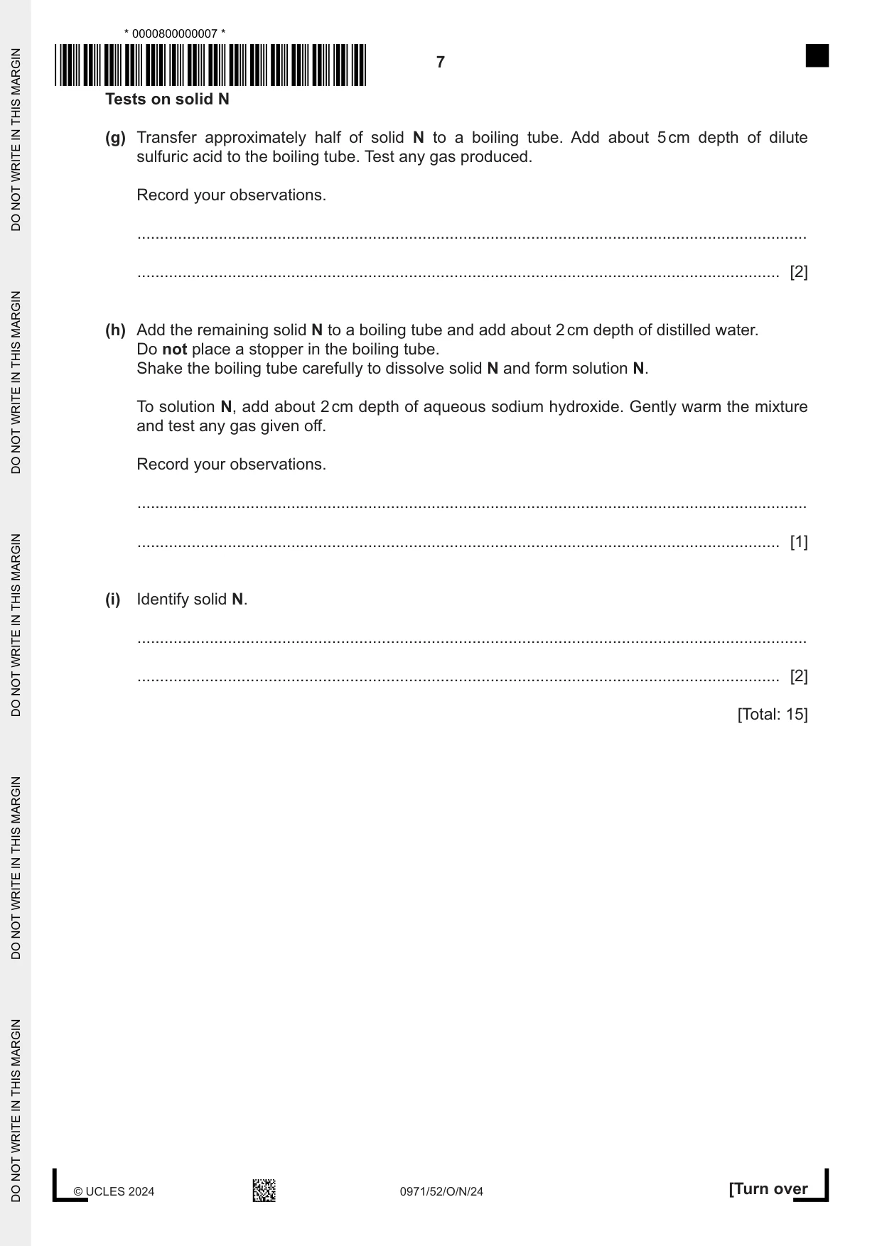 Cambridge IGCSE Chemistry (9-1) 0971 2024 Oct/Nov Paper 5 · Variant 2 question paper, page 7 of 12