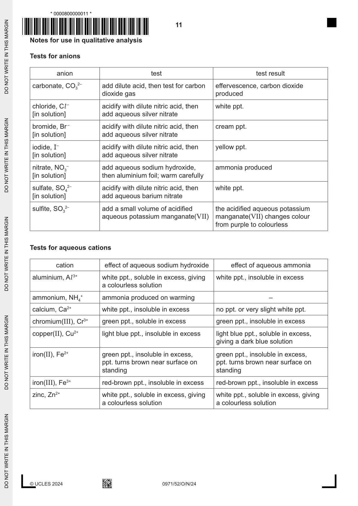 Cambridge IGCSE Chemistry (9-1) 0971 2024 Oct/Nov Paper 5 · Variant 2 question paper, page 11 of 12