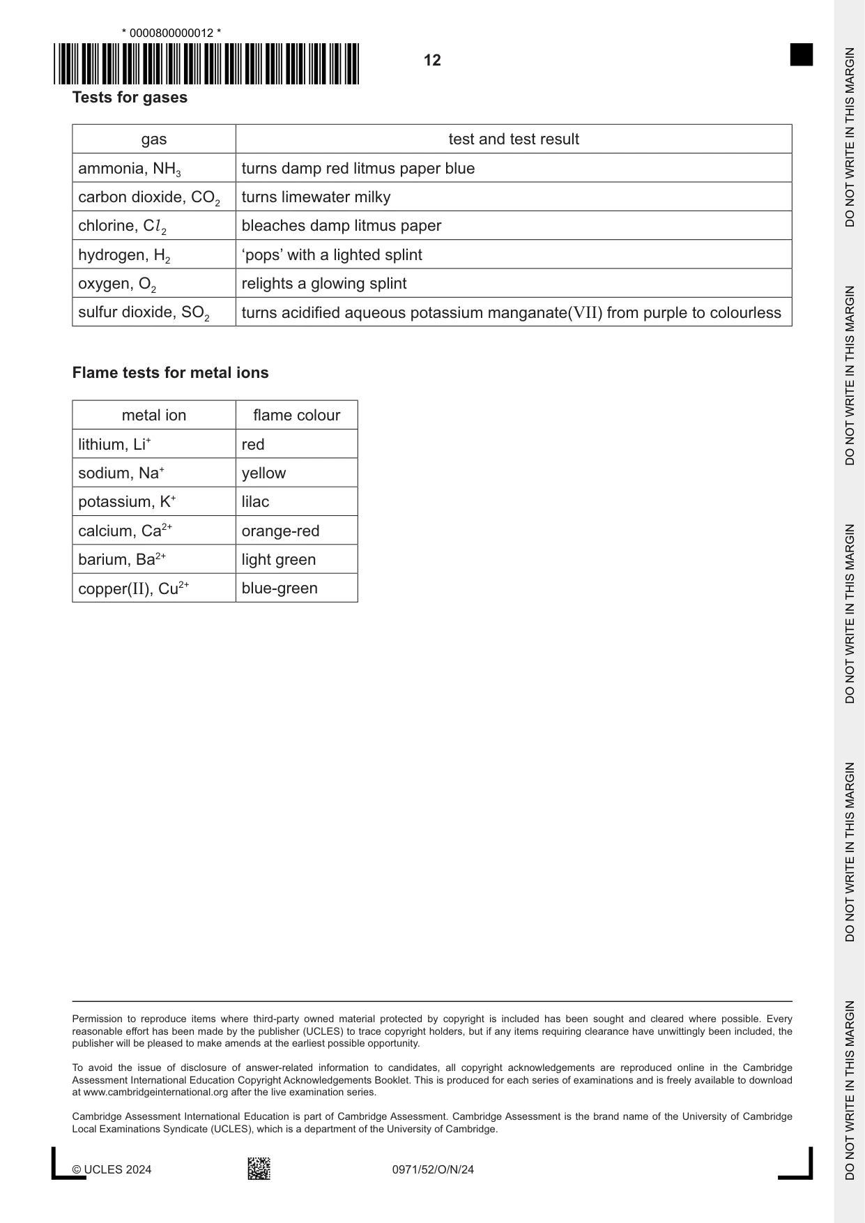 Cambridge IGCSE Chemistry (9-1) 0971 2024 Oct/Nov Paper 5 · Variant 2 question paper, page 12 of 12