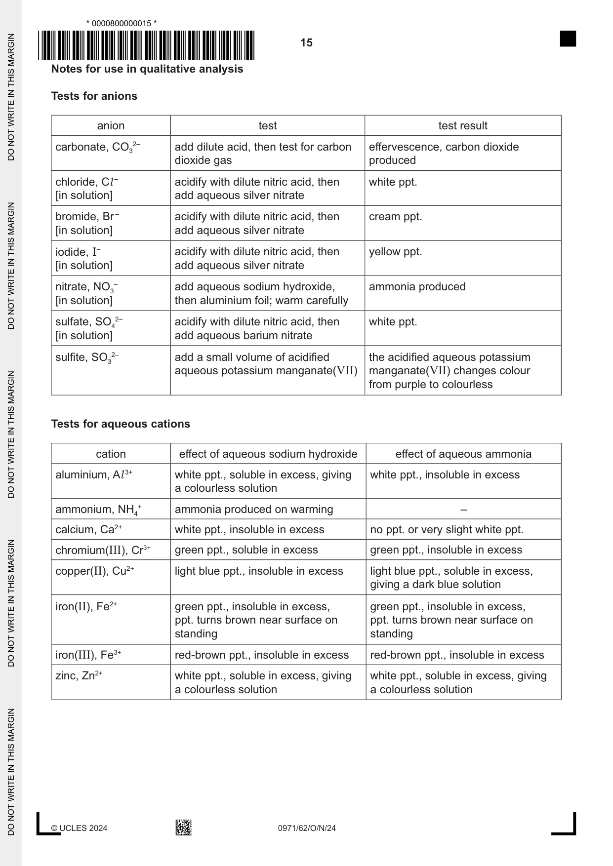 Cambridge IGCSE Chemistry (9-1) 0971 2024 Oct/Nov Paper 6 · Variant 2 question paper, page 15 of 16