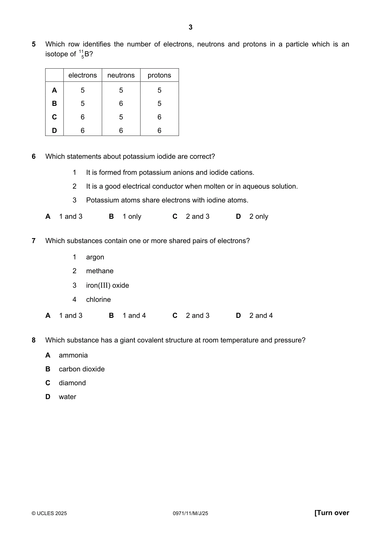 Cambridge IGCSE Chemistry (9-1) 0971 2025 May/June Paper 1 · Variant 1 question paper, page 3 of 16