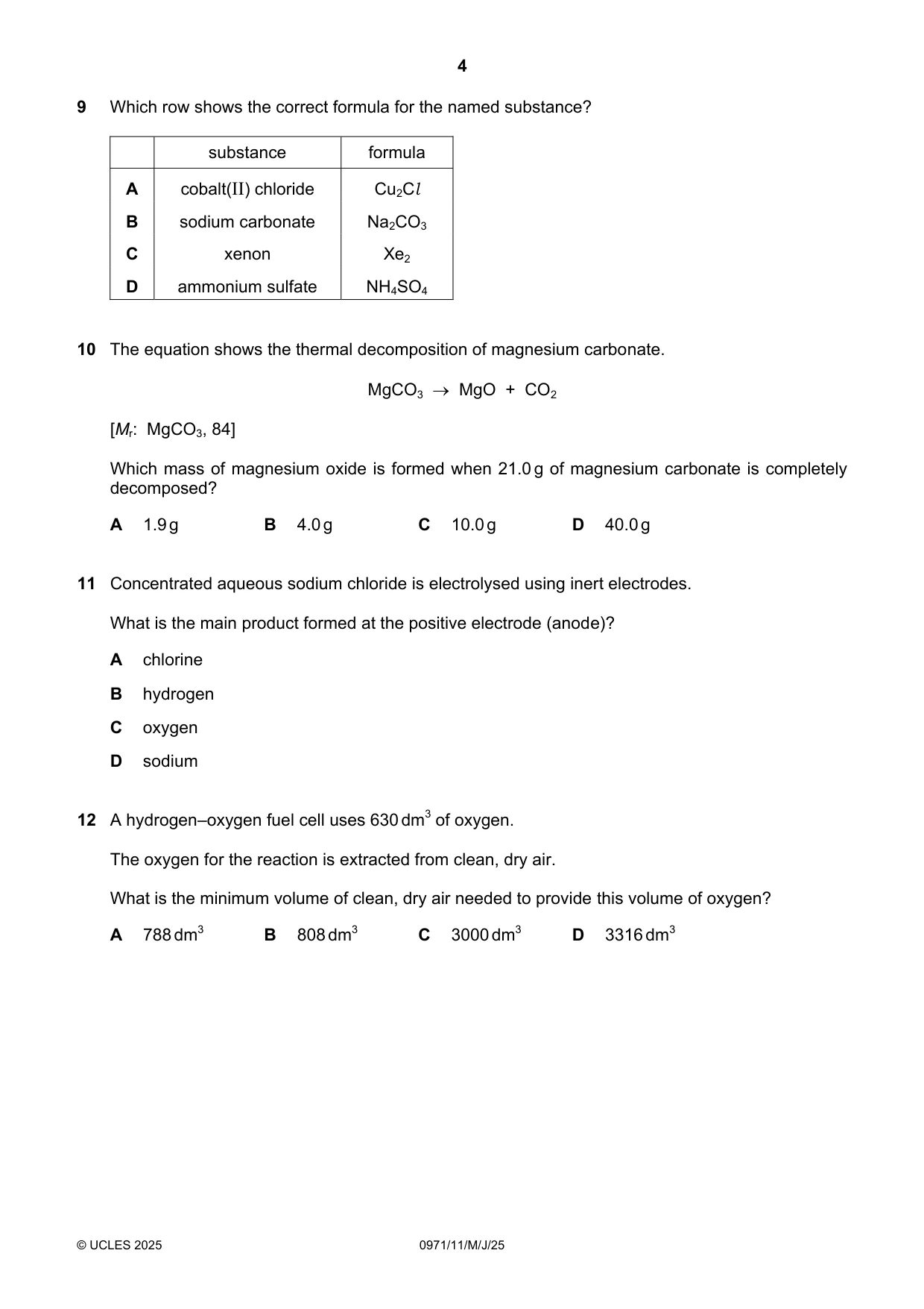 Cambridge IGCSE Chemistry (9-1) 0971 2025 May/June Paper 1 · Variant 1 question paper, page 4 of 16